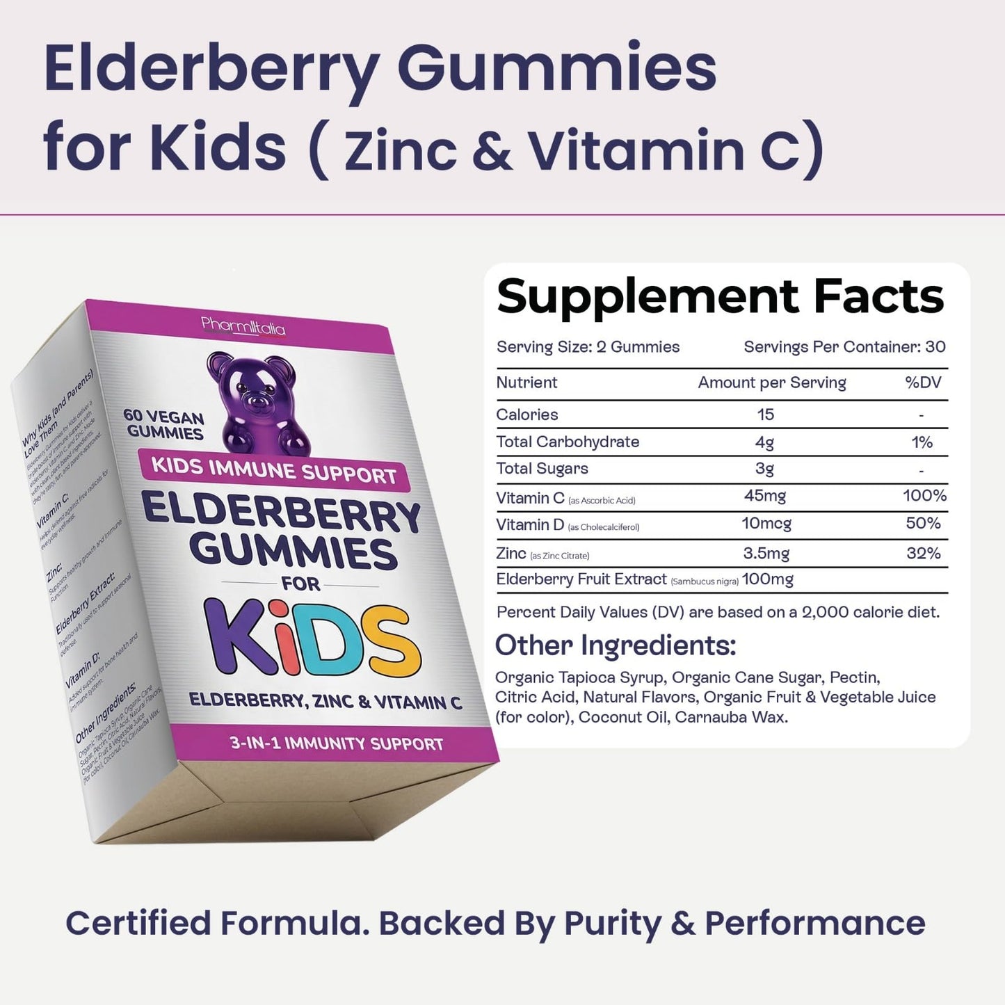 Pharmlitalia Elderberry Gummies for Kids 3 in 1 Elderberry Vitamin C and Zinc, Gummy, 60 Count