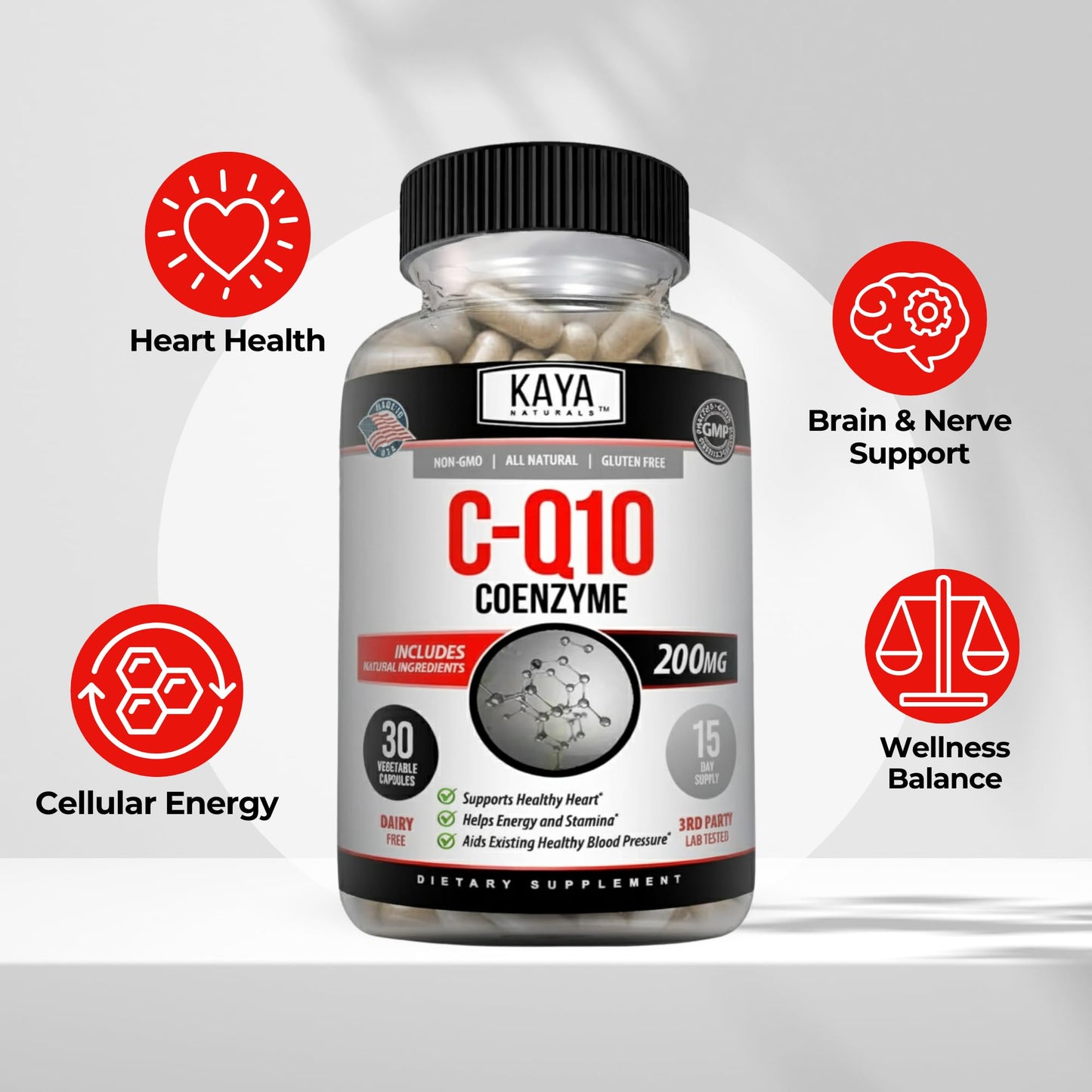 Kaya Naturals CoQ10 Power Antioxidant Supplement for Vascular, Heart Health, Healthy Blood Pressure Levels, and Immune Function - Restores Daily Cellular and Energy Production Capsules 30