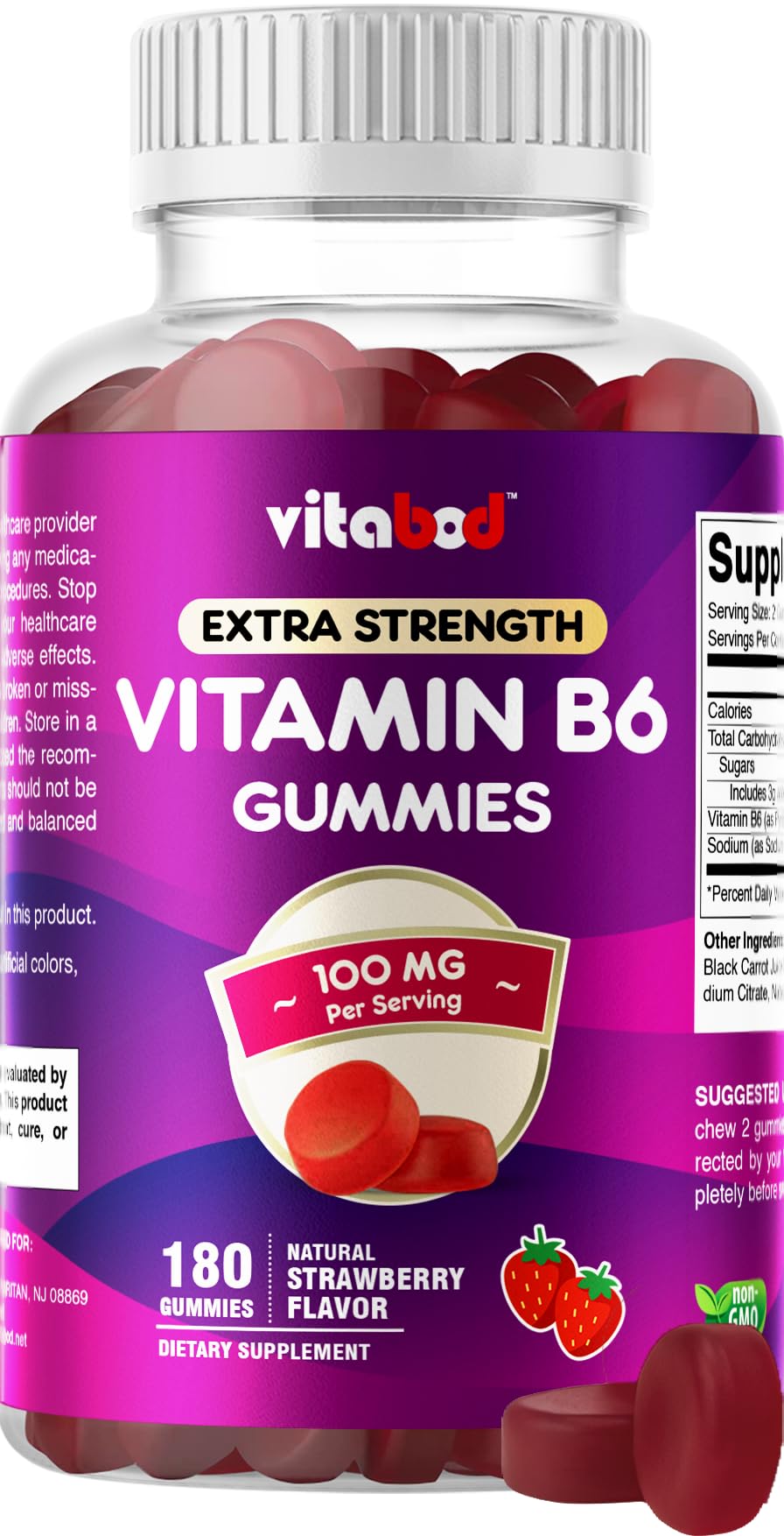 Vitabod Extra Strength Vitamin B6 Gummies 100mg, 180 Count