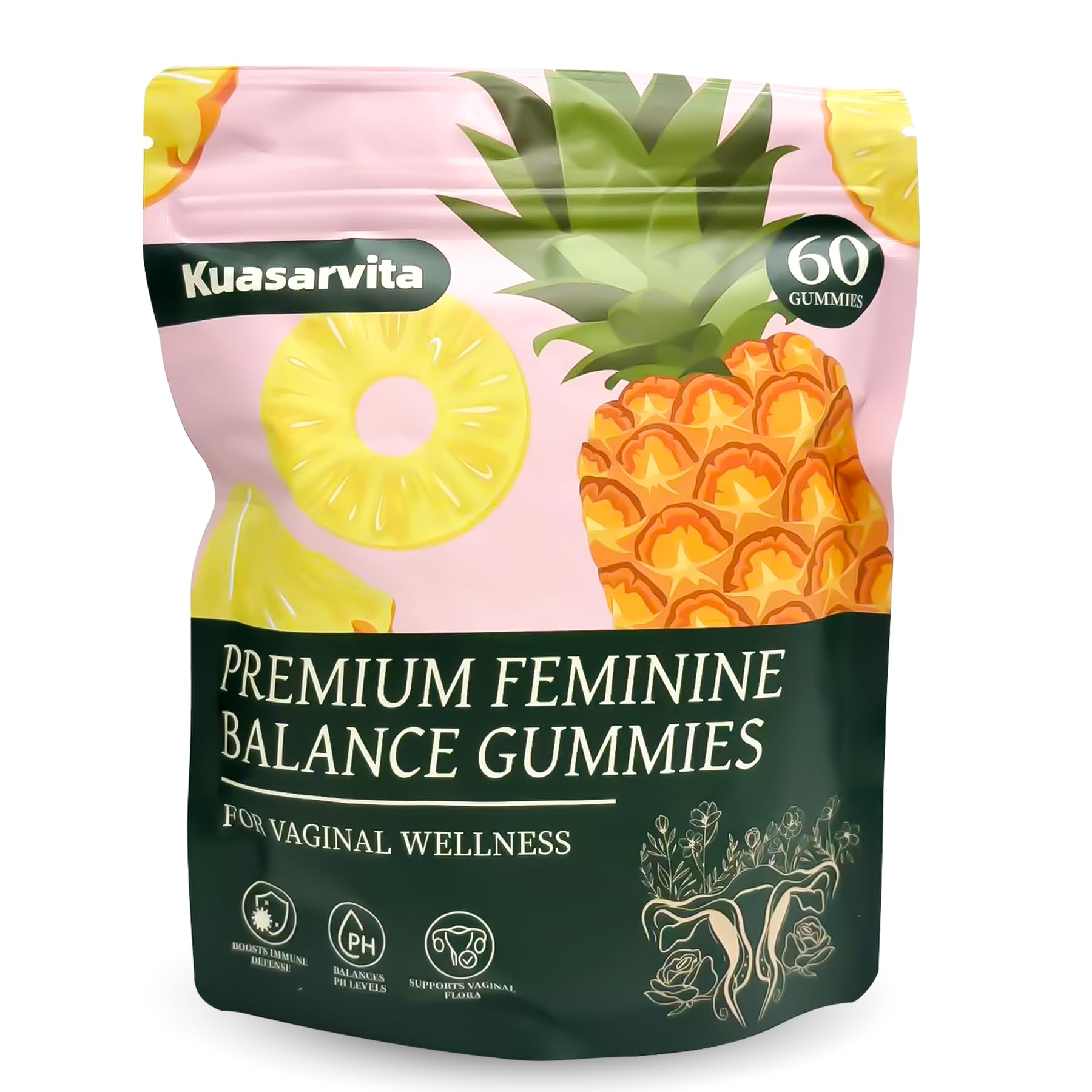 Kuasarvita Premium Feminine Balance Gummies for Women, Vaginal Probiotics, PH Balance, Pineapple Flavor, 60 Gummies