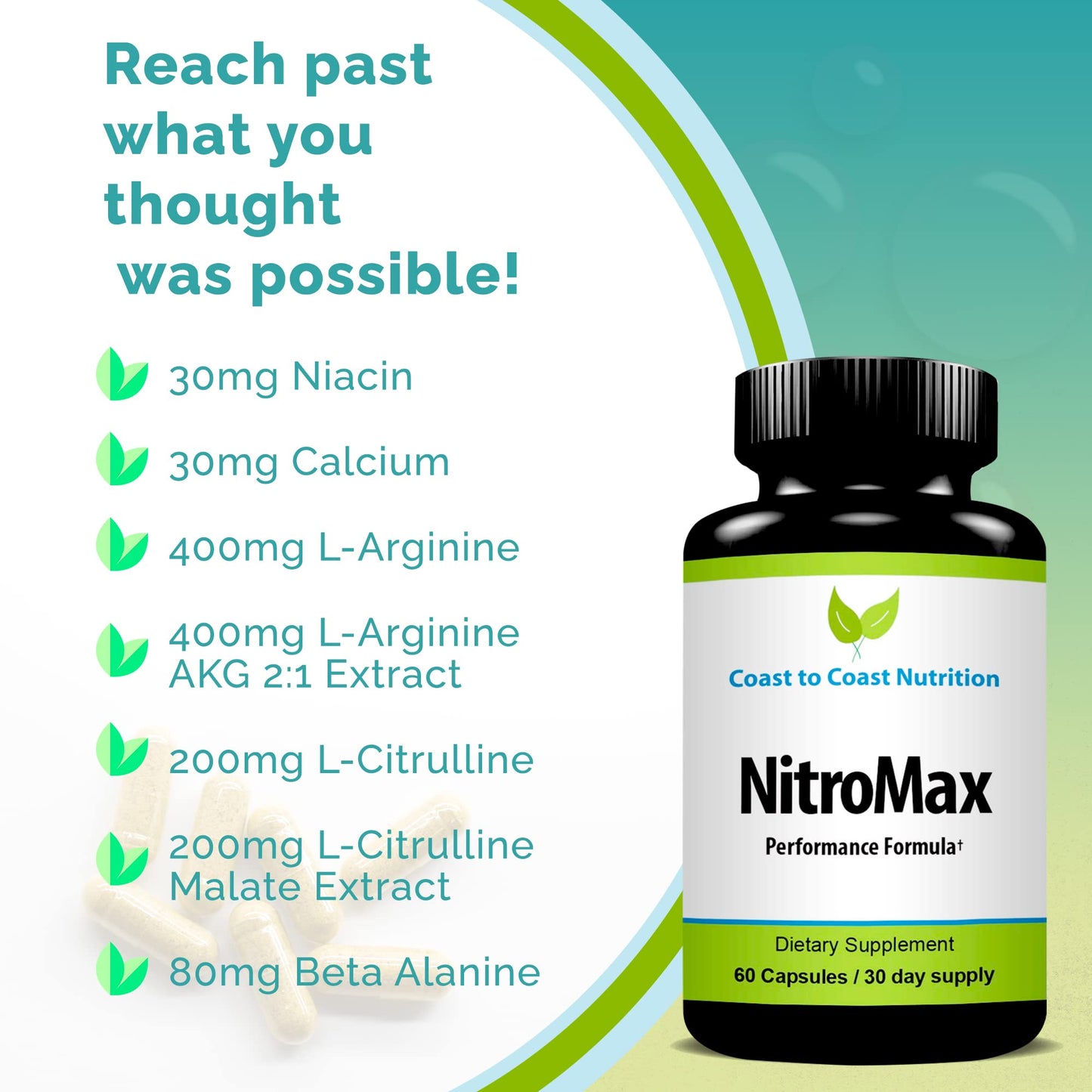 Coast to Coast Nutrition NitroMax Performance Formula L-Arginine Nitric Oxide Supplement, 60 Capsules