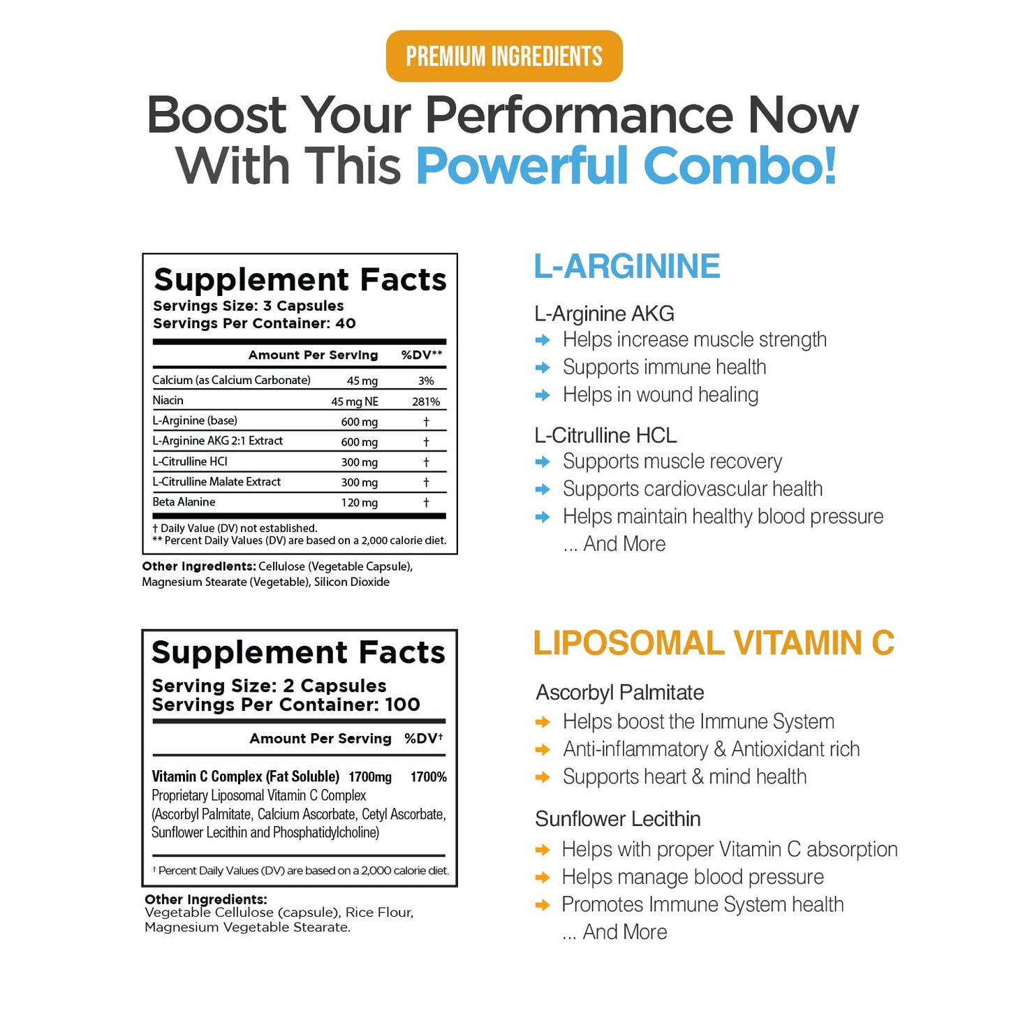DACHA Max Strength Nitric Oxide Booster Bundle with L-Arginine & Liposomal Vitamin C, L-Citrulline, Ascorbyl Palmitate, Natural Absorb Boost Formula, 2 Capsules