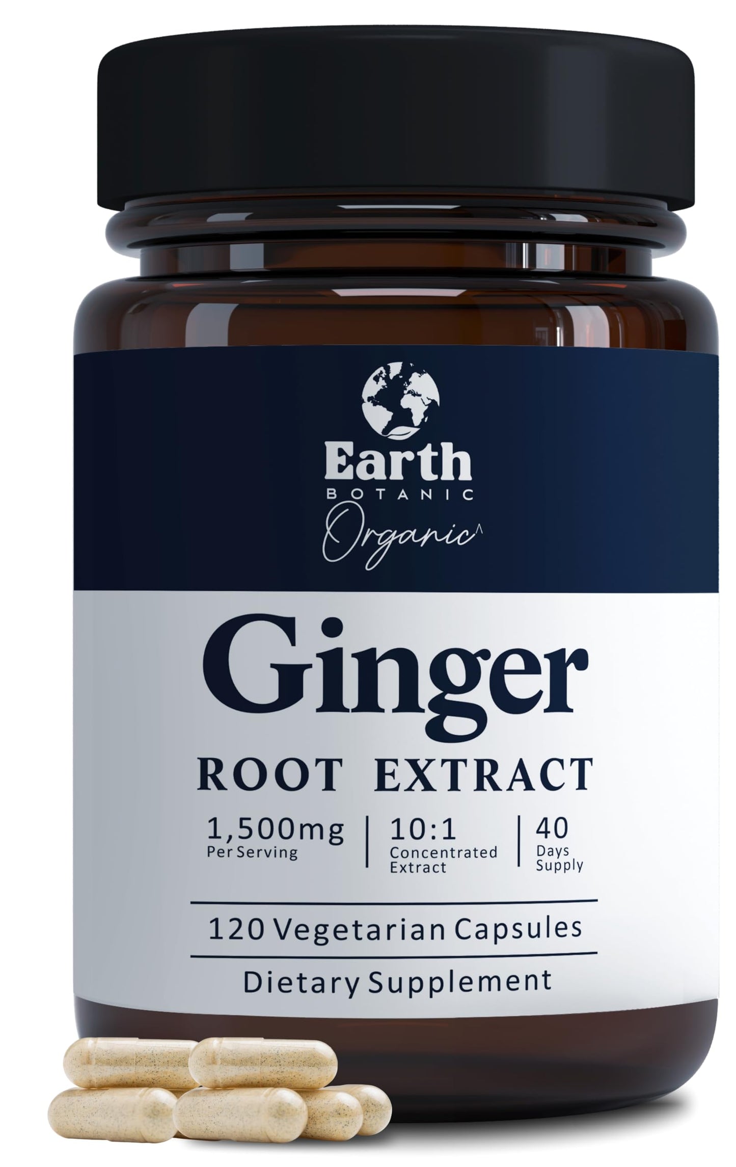Earth BOTANIC Organic Ginger Capsules 1500 mg Ginger Root Extract 10:1 Concentrated Herbal Supplement, Digestive Support & Gut Comfort, Antioxidant Formula, Plant Based, Non-GMO, 120 Veg Capsules