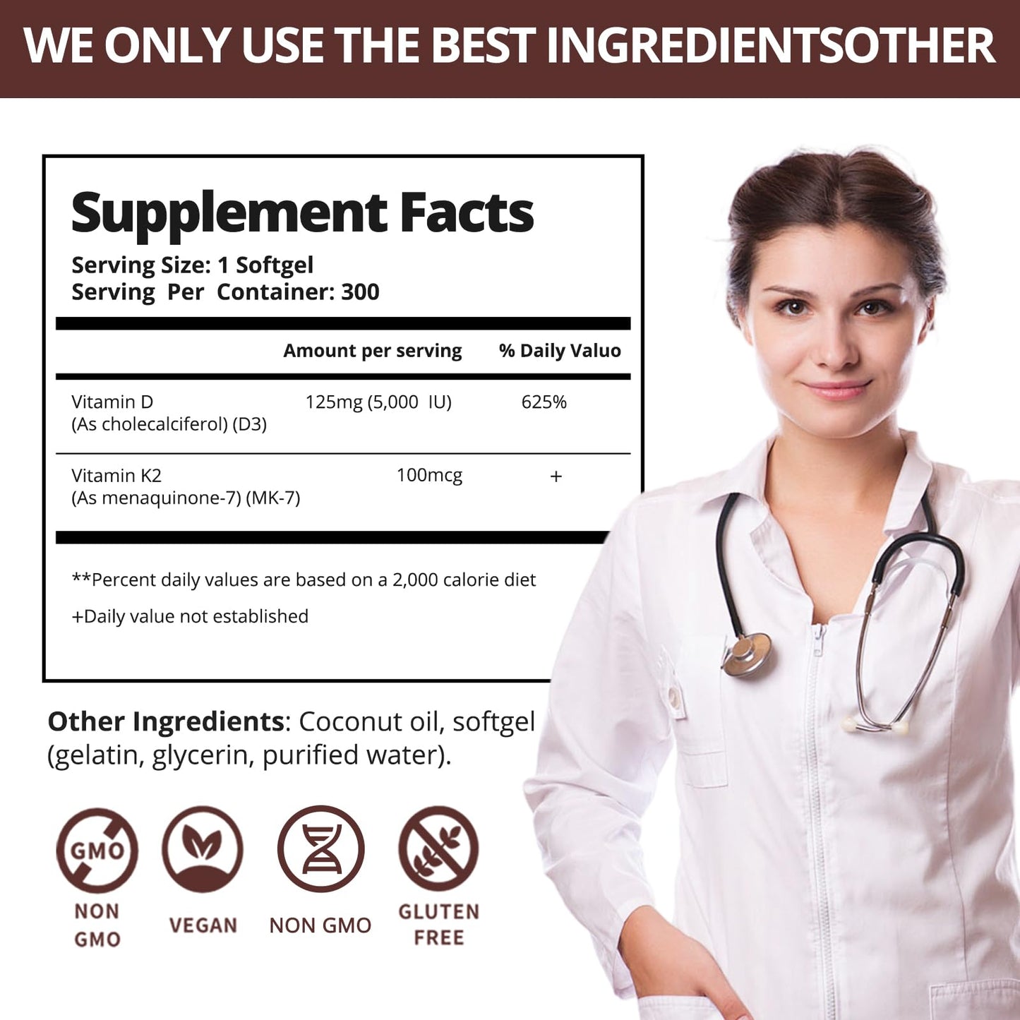 QVQ Vitamin D3 K2 5000 IU + 100 mcg Softgels, Coconut Oil, Gluten-Free, Non-GMO, Soy Free, 300 Count