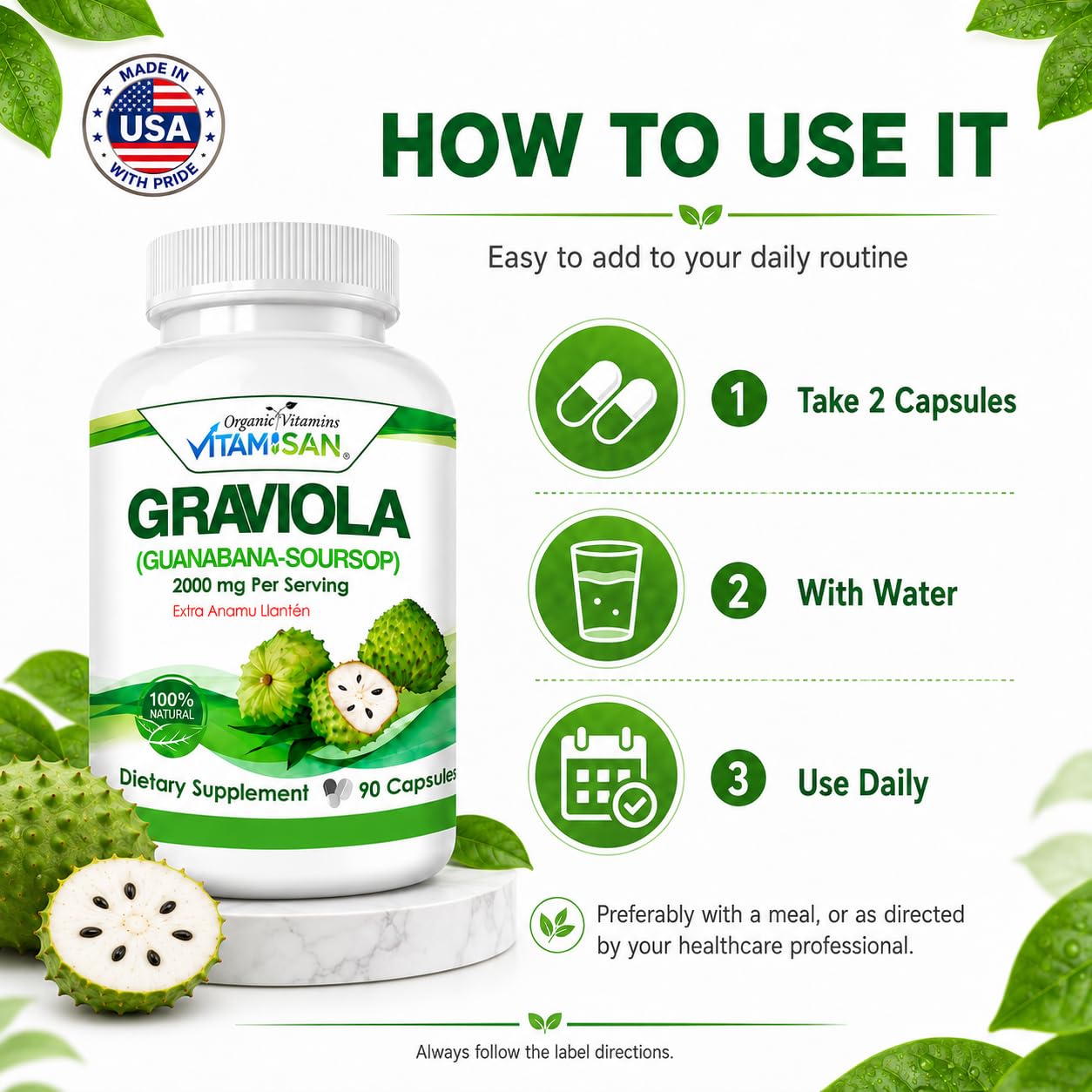 VITAMISAN Graviola Soursop Guanabana Extract Anamu Llanten Natural Dietary Supplement Leaf & Fruit Extract 90 Capsules