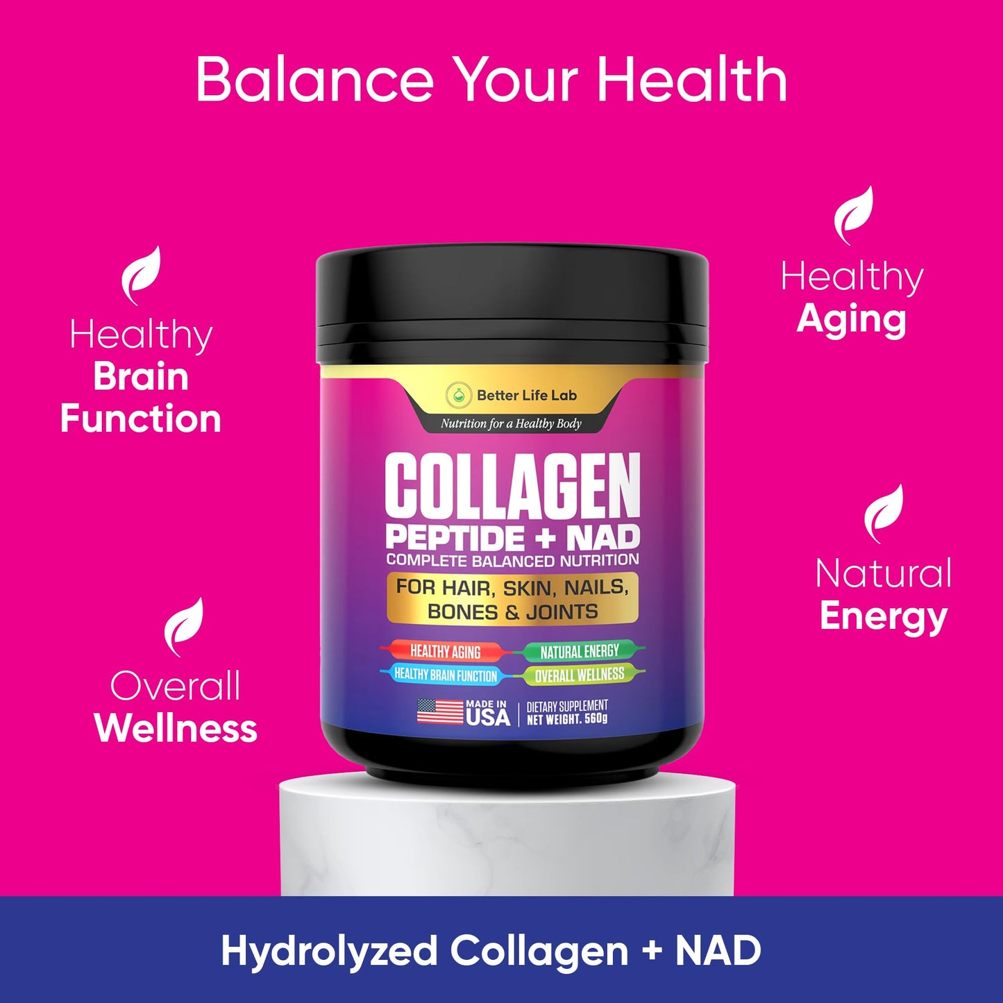 BETTER LIFE LAB Hydrolyzed Collagen Peptides with NAD Powder, 60 Count