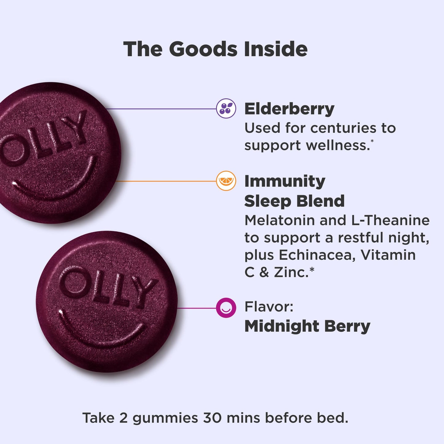 OLLY Immunity Sleep Gummy, Immune and Sleep Support, 3 mg Melatonin, Echinacea, Zinc, Vitamin C, Berry - 60 Count