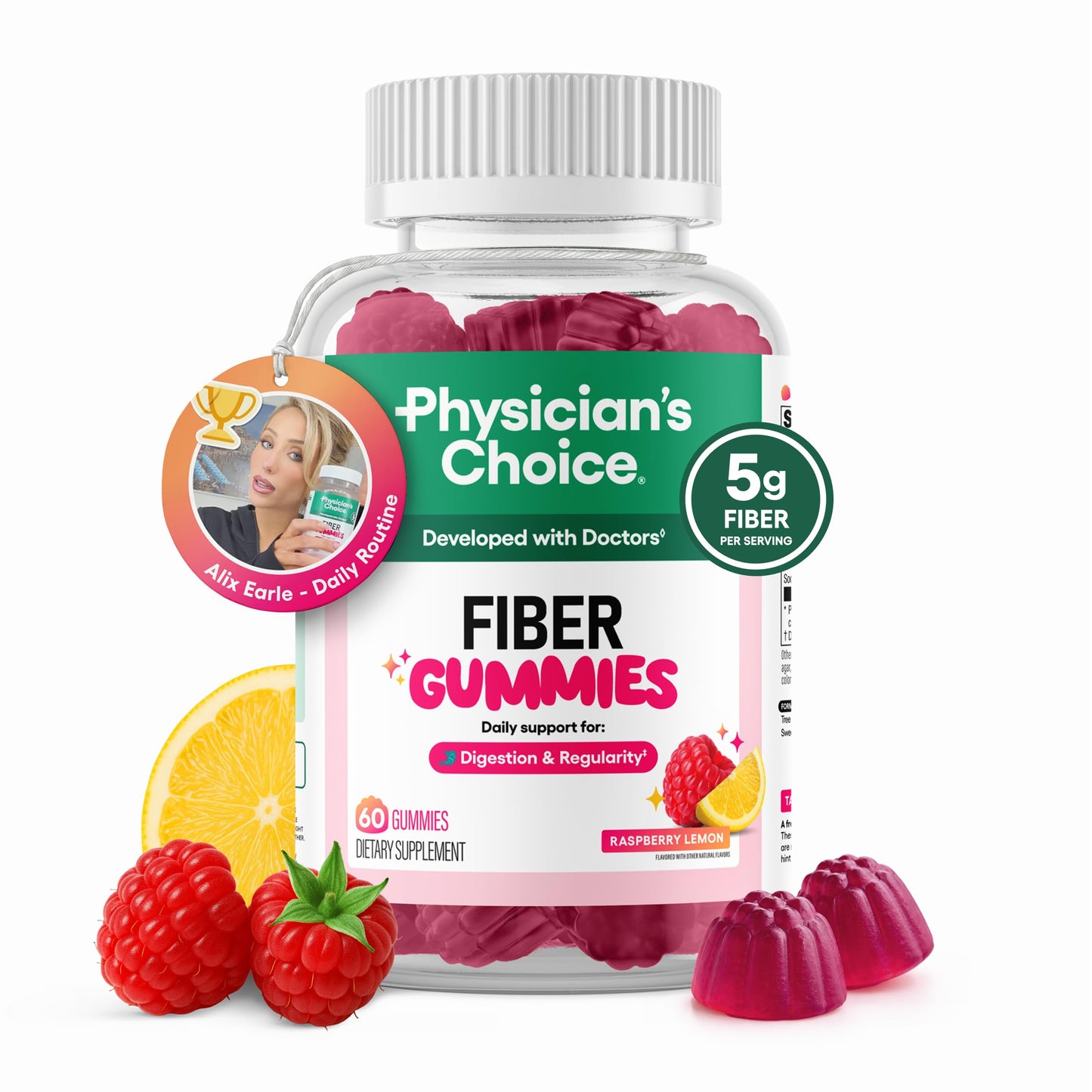 Physician's CHOICE Fiber Gummies for GLP-1 Support - No Sugar Added & Vegan - Raspberry Lemon - Natural Chicory Root Prebiotic Fiber Gummy - Digestive Health & Regularity for Women & Men, 60 Gummies