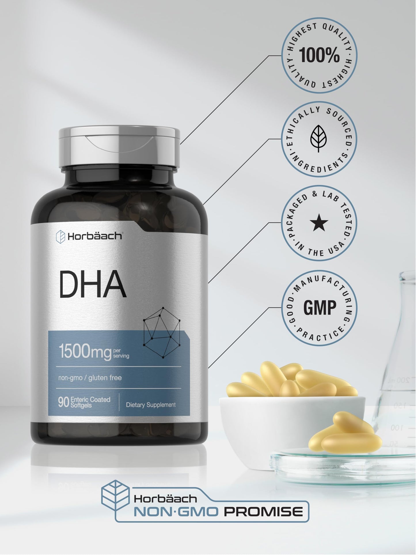 Horbäach DHA Supplement 1500mg Softgels, 90 Count