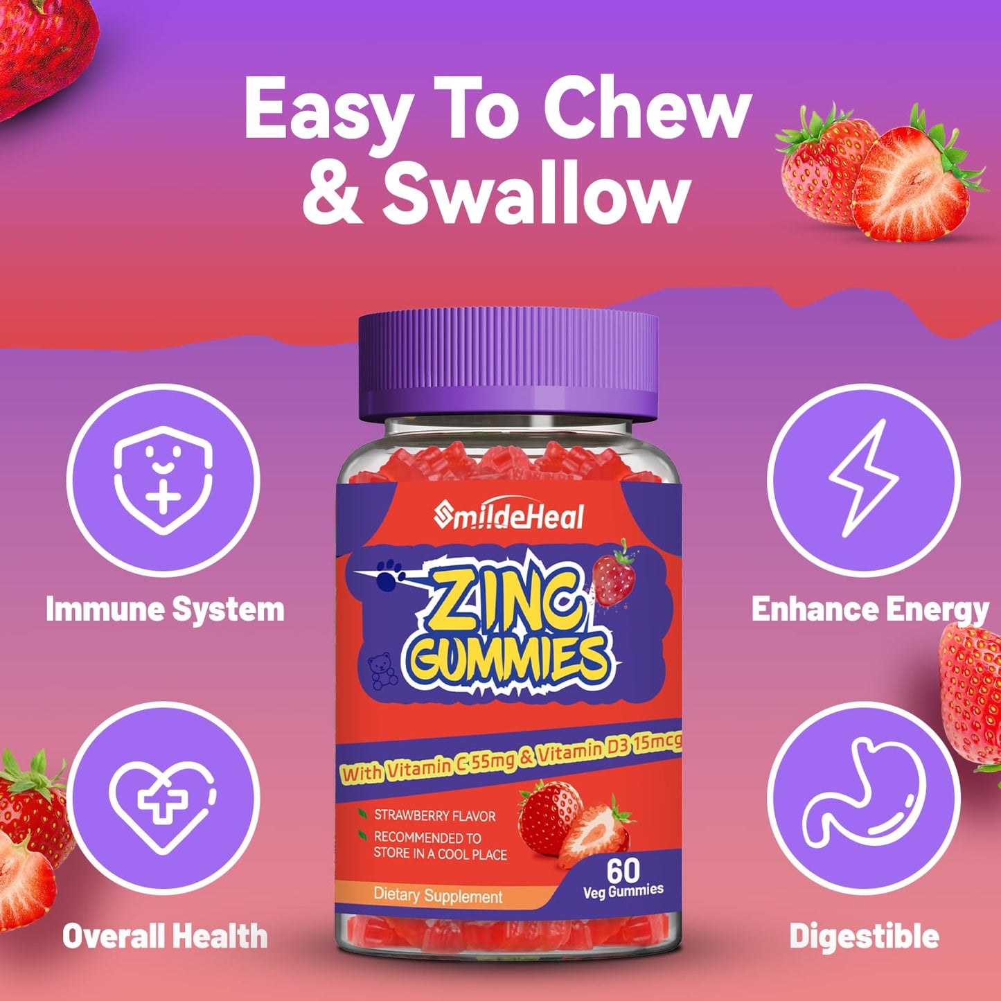 SmildeHeal Zinc Gummies 50mg Zinc Citrate with Vitamin C and D3, 60 Count