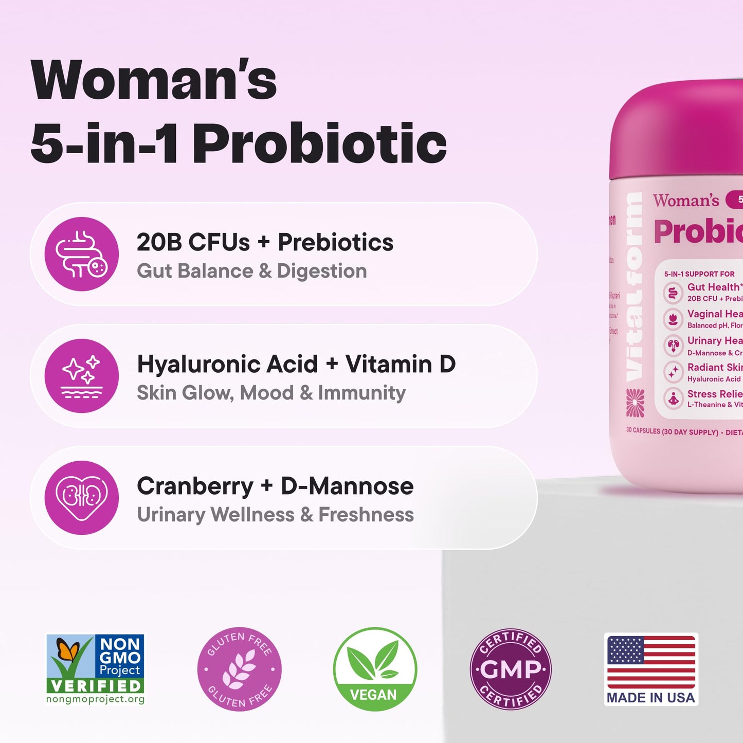VitalForm Women’s Probiotic 20 Billion CFU – 5-in-1 Daily Support for Digestive, Vaginal & Urinary Health – with Cranberry, D-Mannose, Prebiotics & Hyaluronic Acid – 30 Capsules