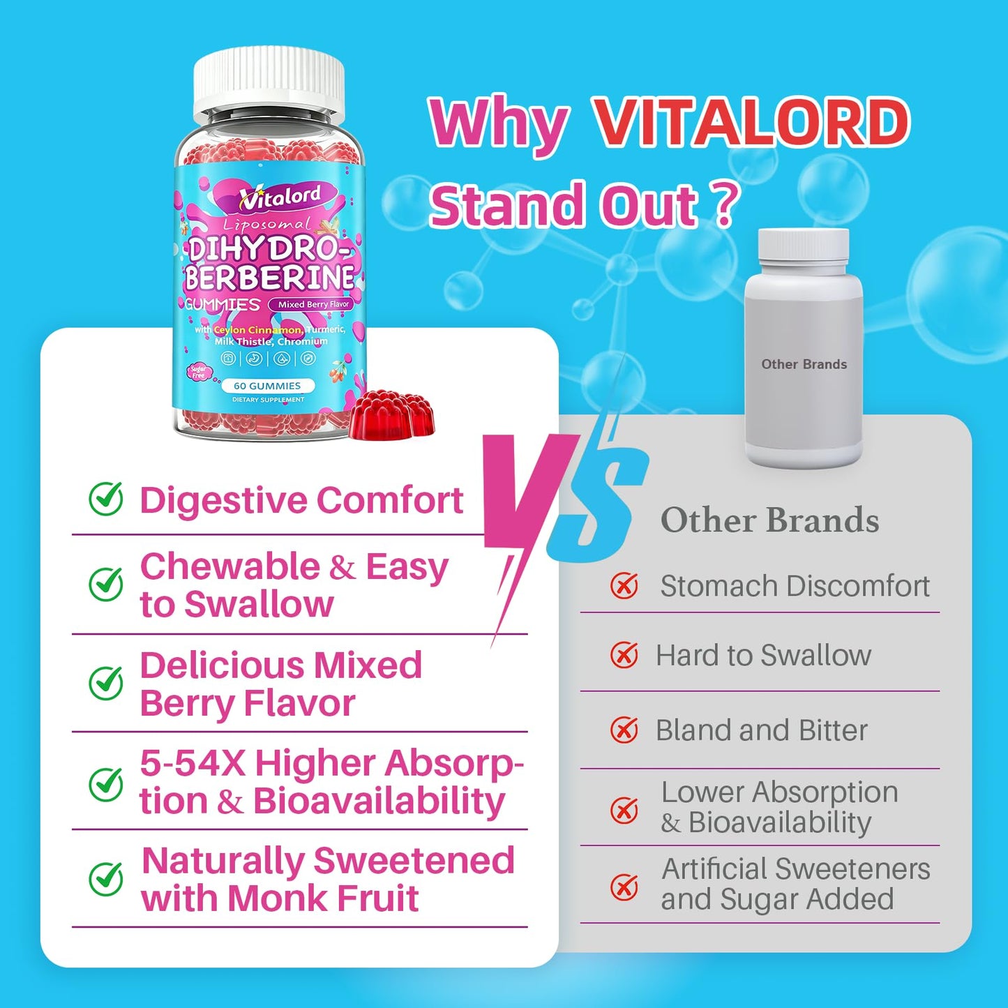 Vitalord Dihydroberberine Gummies 300mg with Organic Ceylon Cinnamon, 60 Count