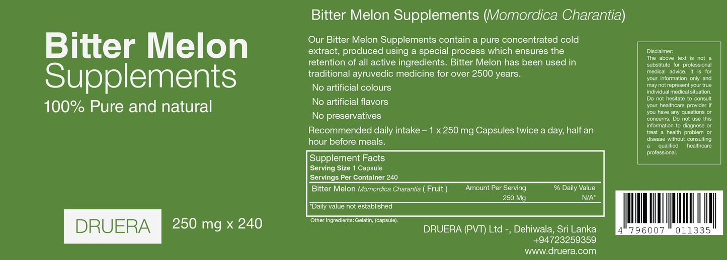 Dru Era Bitter Melon Supplements 250mg 240 Capsules