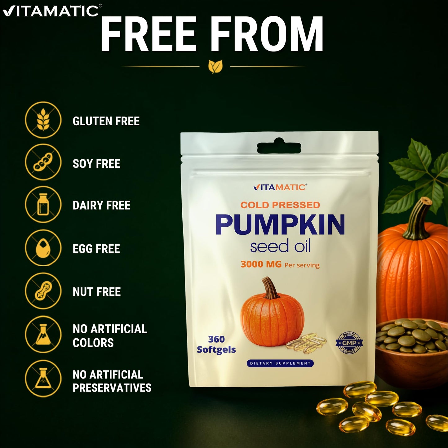 Vitamatic Pumpkin Seed Oil 3000 mg per Serving Softgels, 360 Count