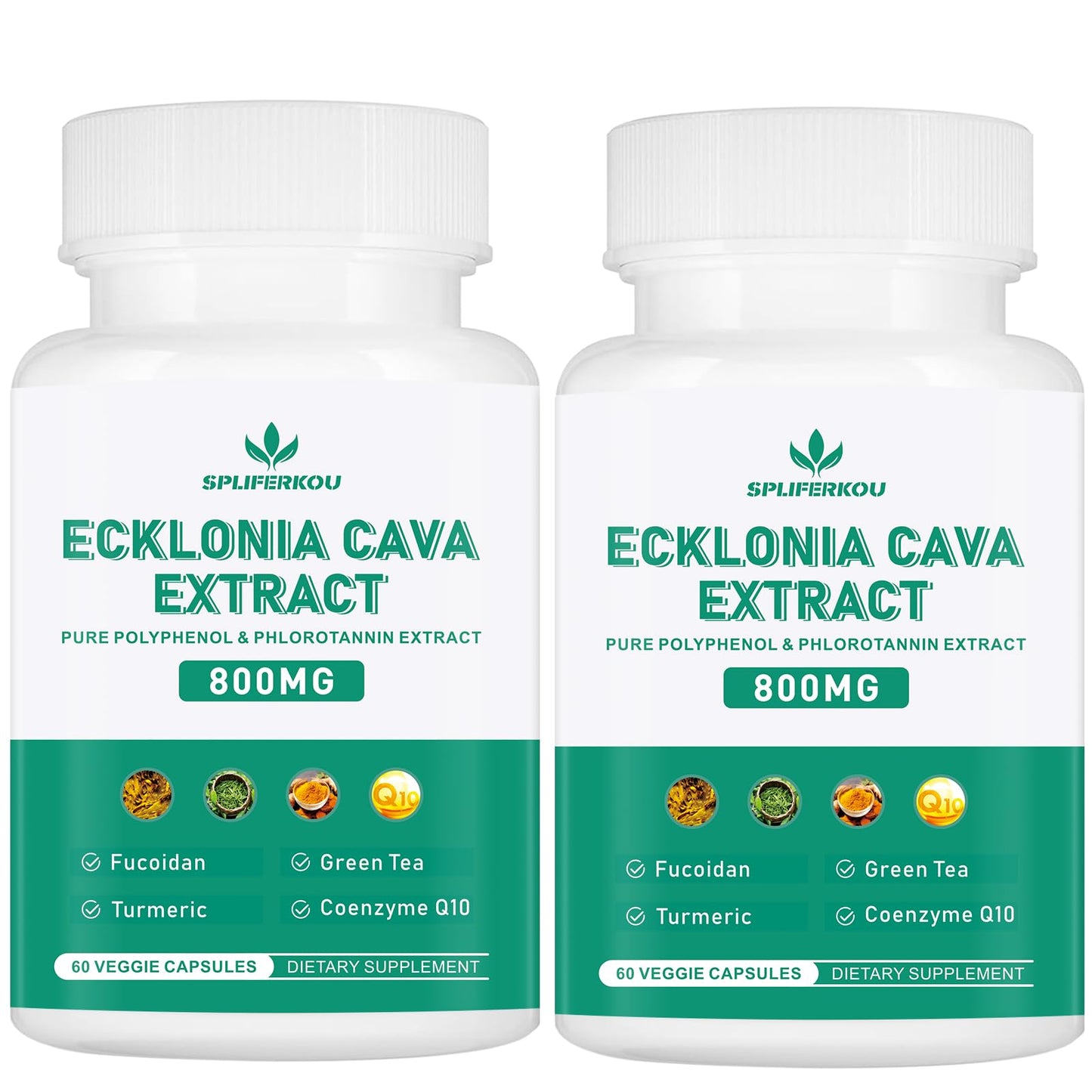 Spliferkou Ecklonia Cava Extract, 800mg Veggie Capsules with Fucoidan, Green Tea, Turmeric, CoQ10 Dietary Supplement, 120 Capsules