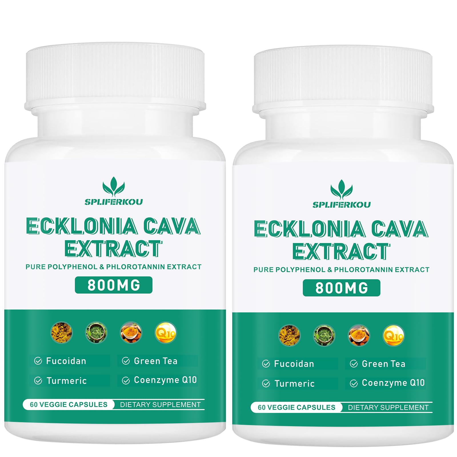 Spliferkou Ecklonia Cava Extract, 800mg Veggie Capsules with Fucoidan, Green Tea, Turmeric, CoQ10 Dietary Supplement, 120 Capsules