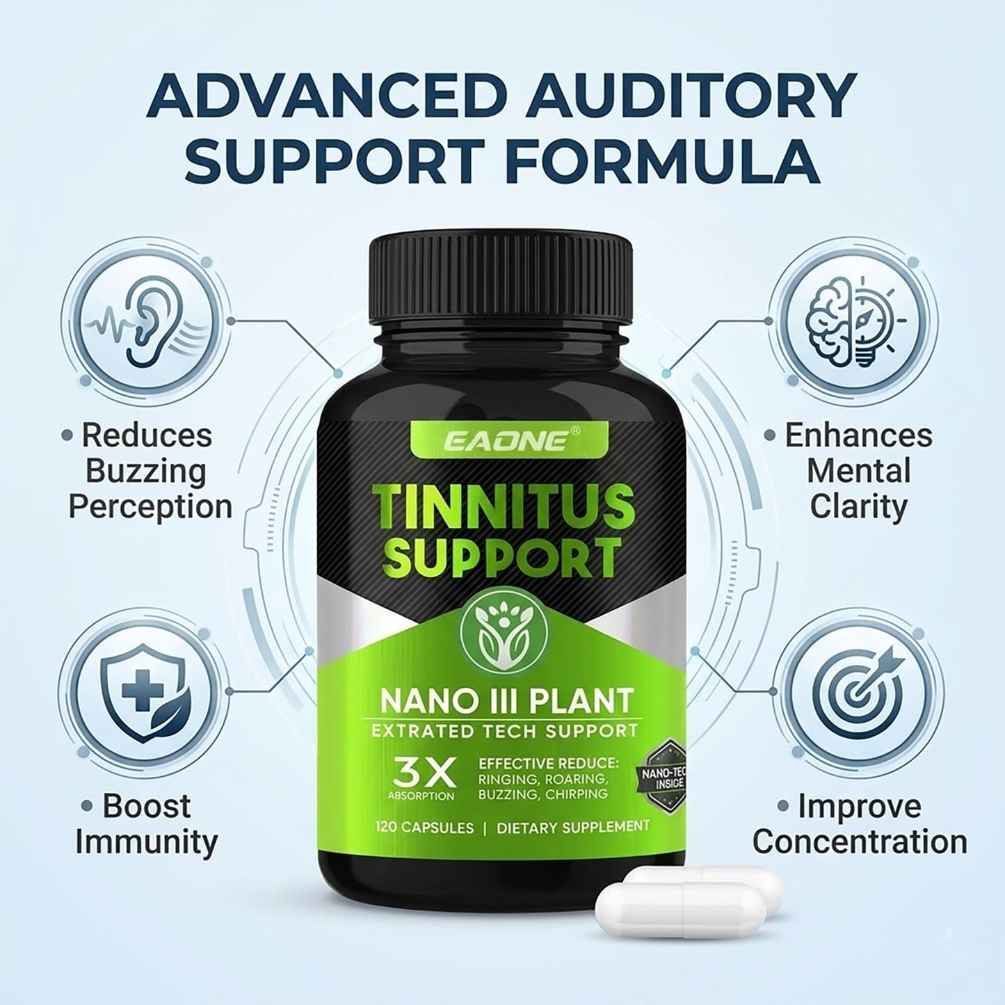 EAONE Tinnitus Relief for Ringing Ears Ear Ringing Support Supplement with Vitamin C and B Complex, 120 Capsules