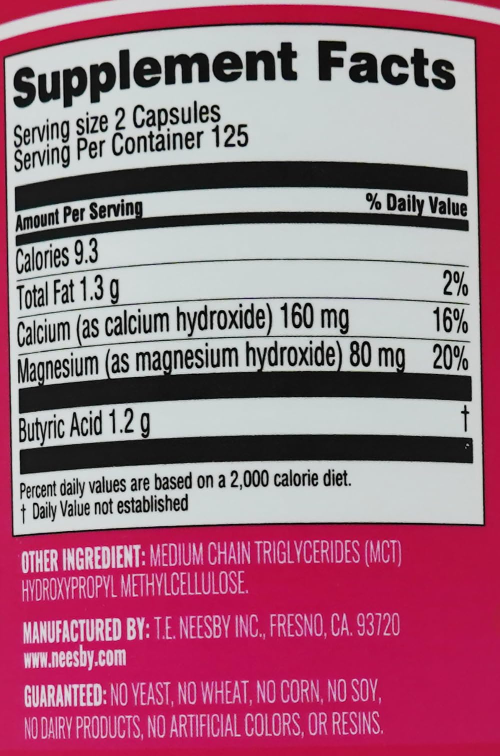 T.E.Neesby Butyrex Calcium/Magnesium Butyrate Complex Capsules 250 Count