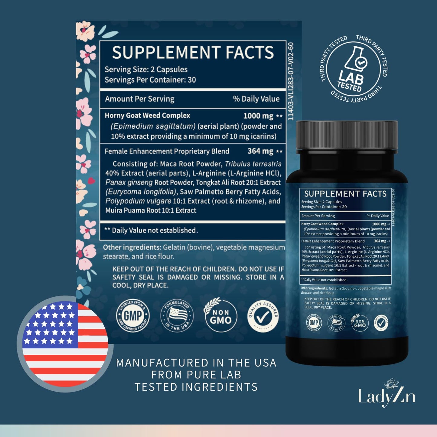 LadyZn Lady Libido Supplement for Women Capsules with Horny Goat Weed & Maca Root 60 Count
