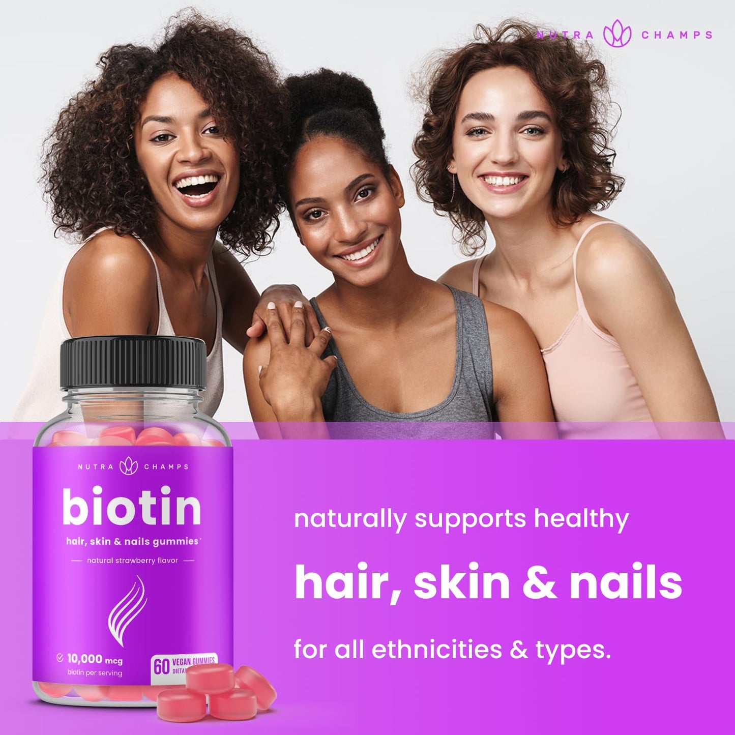 NutraChamps Biotin Gummies 10000mcg High Potency, 60 Gummies