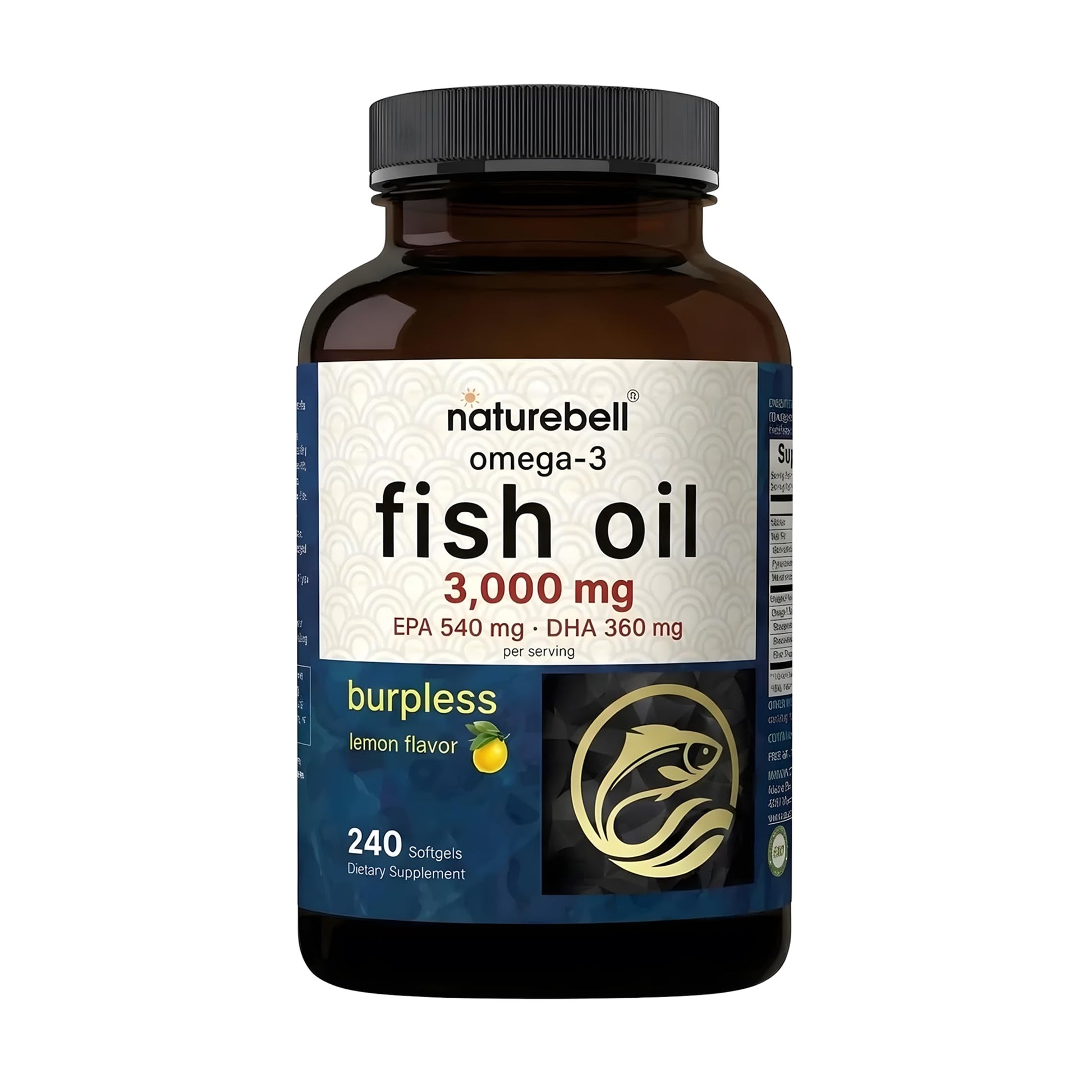 NatureBell Omega-3 Fish Oil 3,000mg Softgels, 240 Count