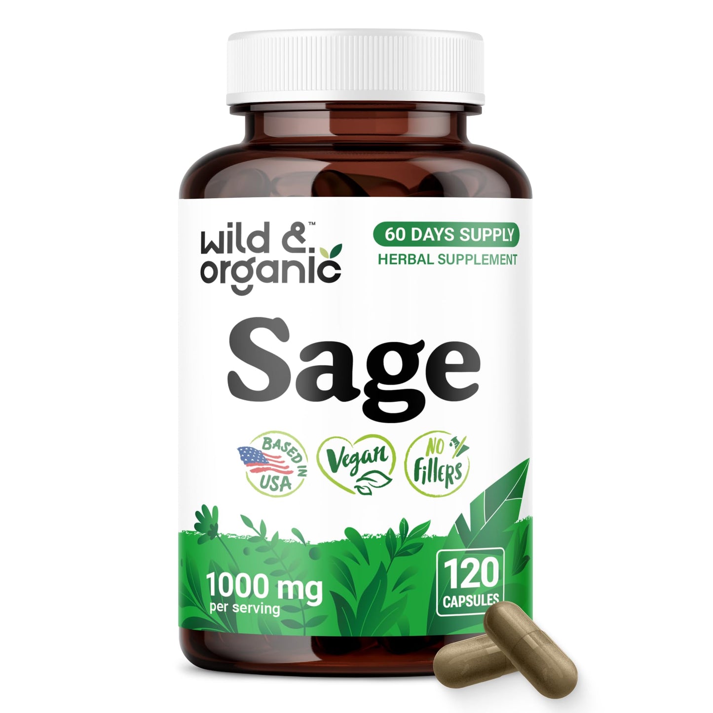 Wild & Organic Sage Capsules 1000 mg 120 Count