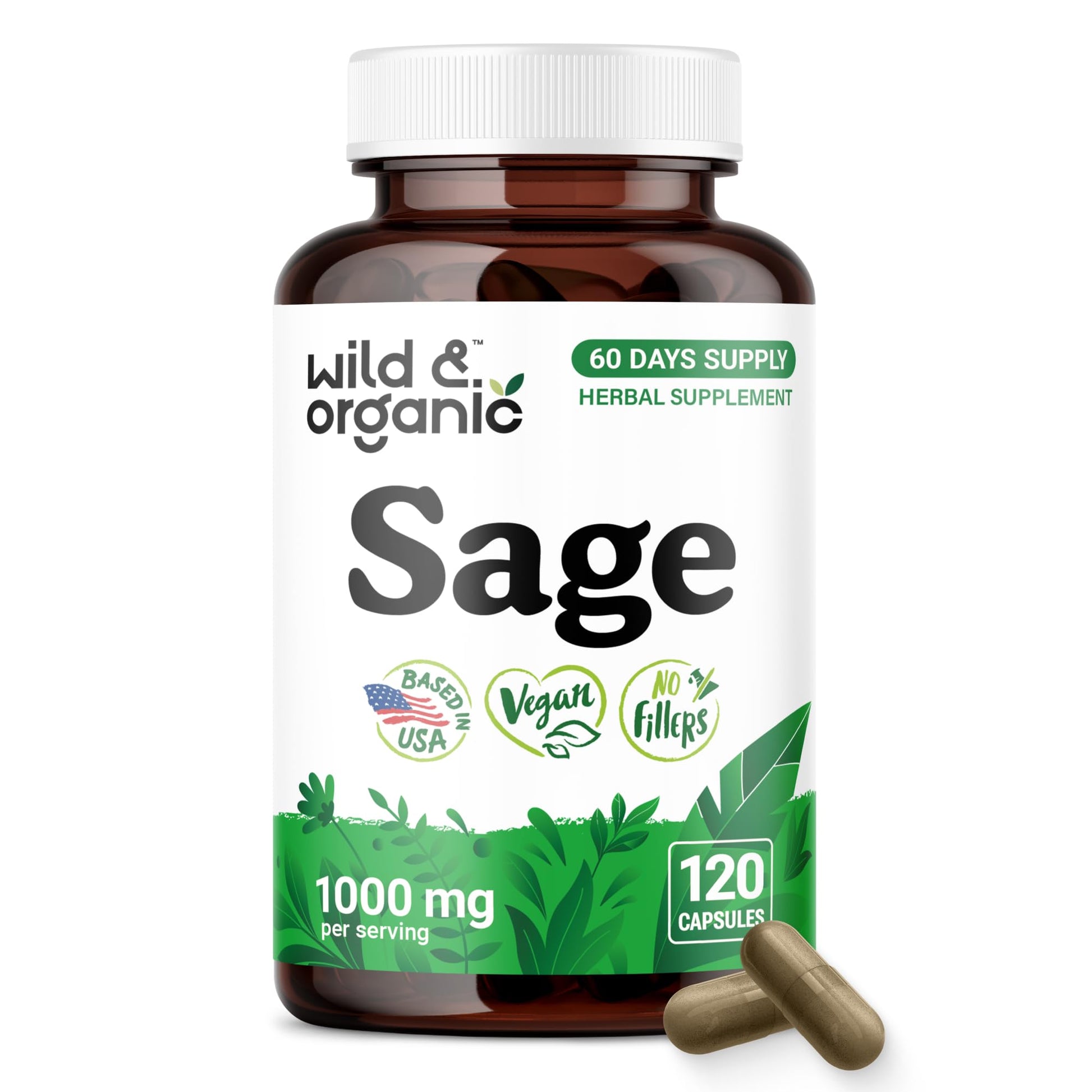 Wild & Organic Sage Capsules 1000 mg 120 Count
