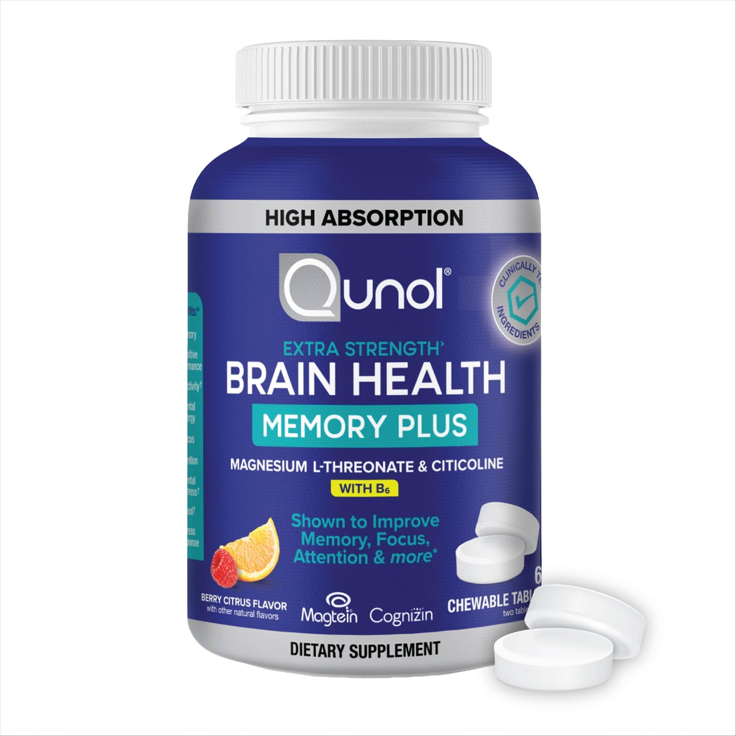 Qunol Brain Health Memory Plus Chewable Tablet with B6, Magnesium L-Threonate & Citicoline, 60 Tablets