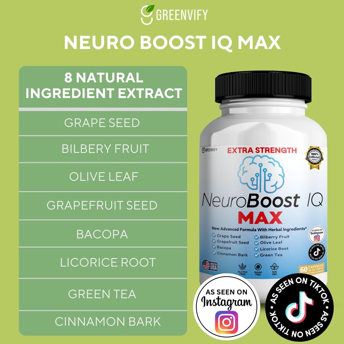 GREENVIFY NeuroBoost IQ MAX Extra Strength Brain Support Supplement 60 Capsules
