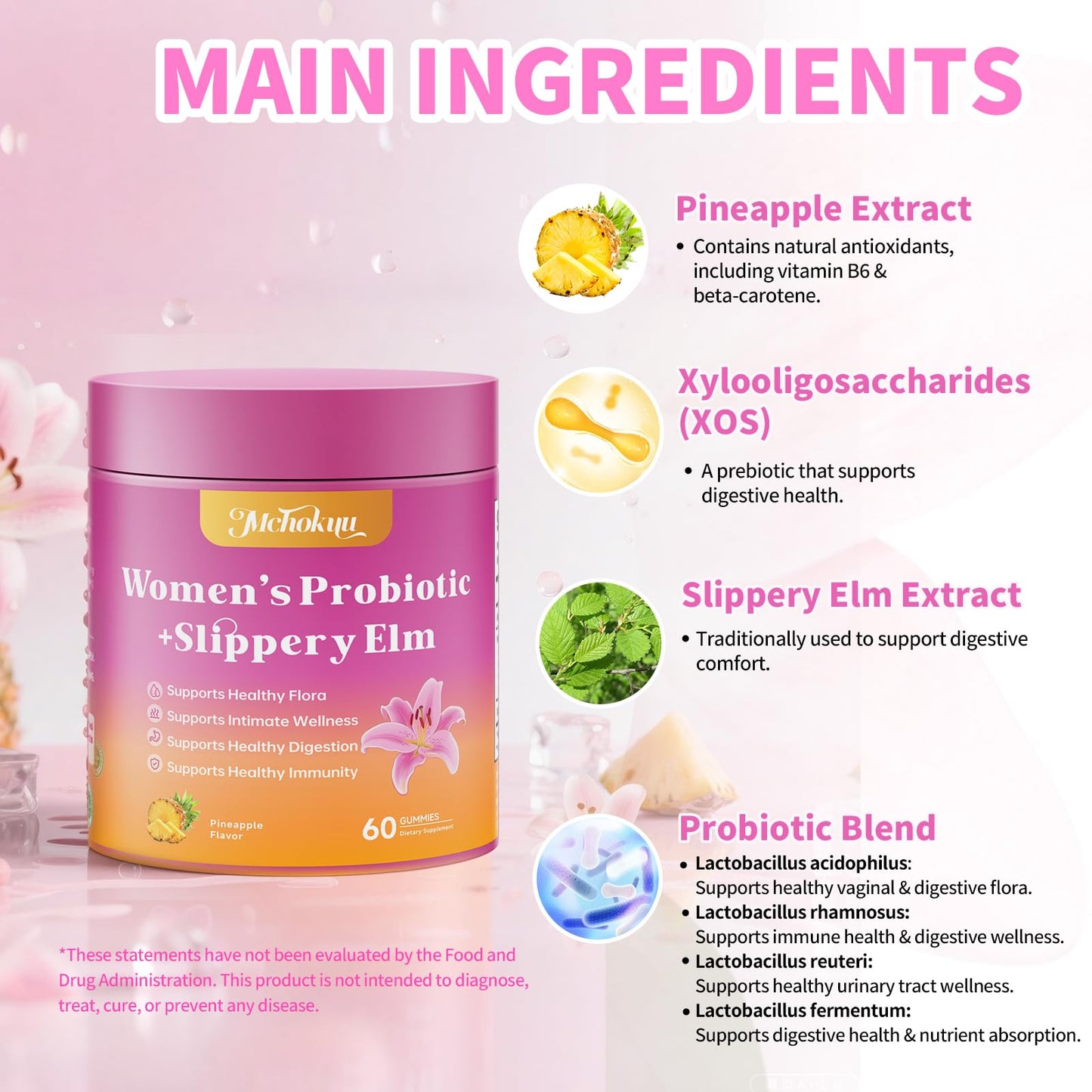 Mchokuu Feminine Probiotics Gummies for Women, pH Balance, Pineapple, 60 Count