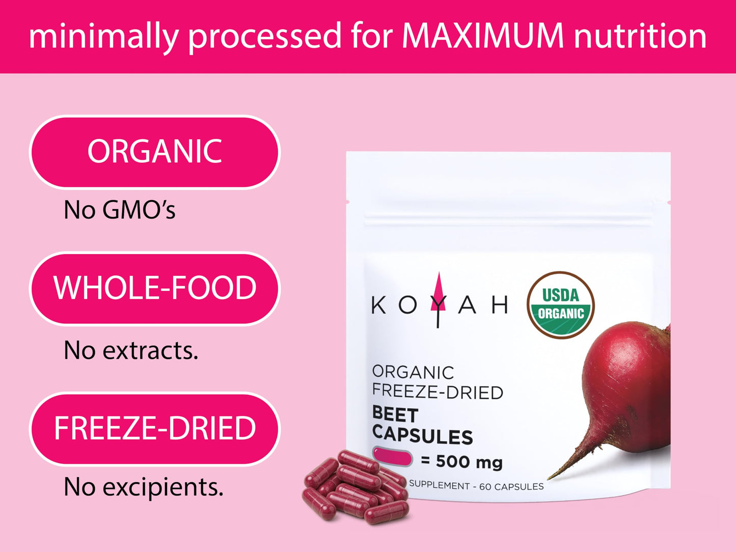 KOYAH Organic Beet Capsules, Freeze-Dried, 60 Capsules