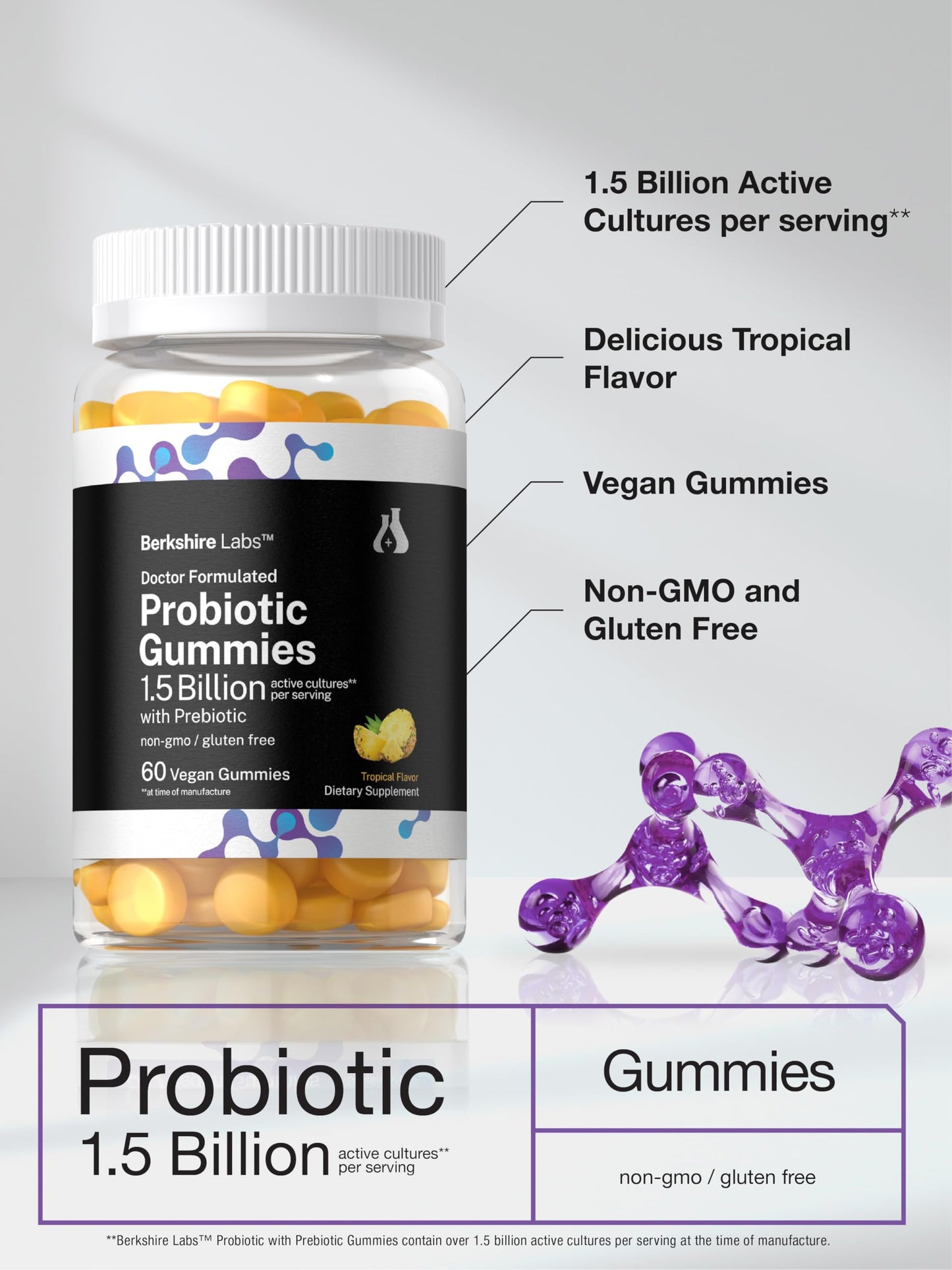 Horbäach Probiotic Gummies 1.5 Billion CFU, 60 Count