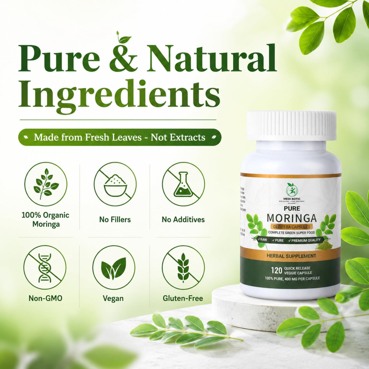 MEDI BOTIC Organic Moringa Capsules 800mg, 240 Count