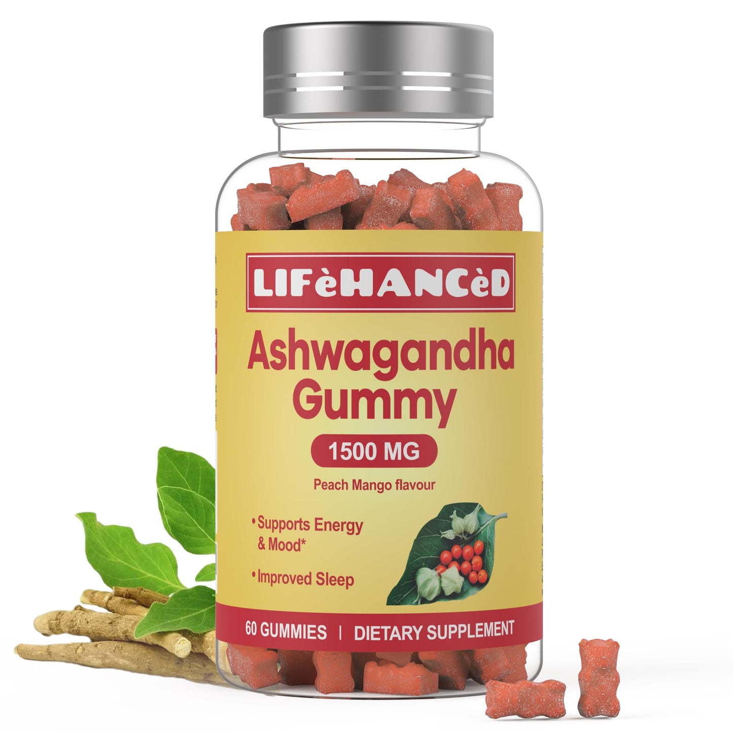 Lifehanced Ashwagandha Gummies 1500mg, 3% Withanolides, Peach Mango Flavor, 60 Count