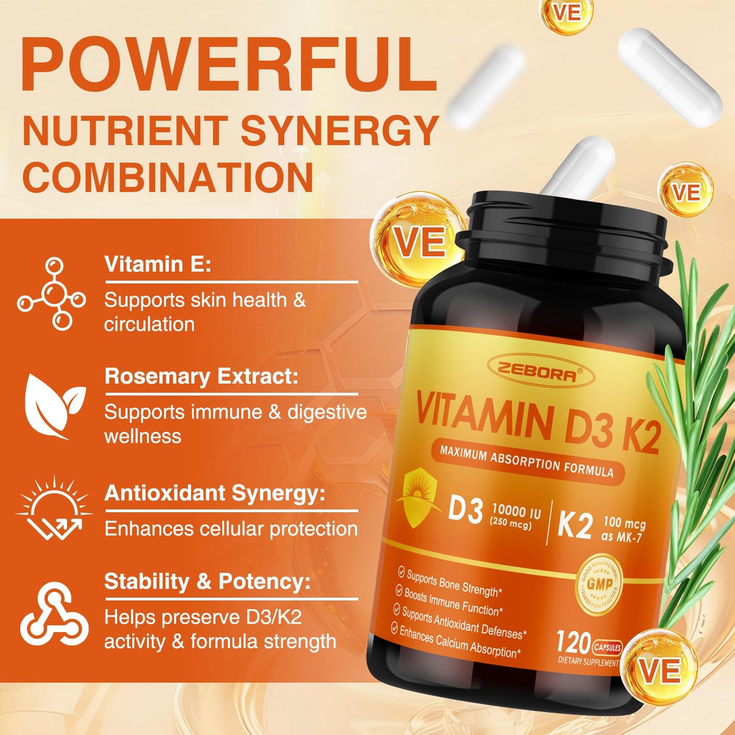 ZEBORA Vitamin D3 K2 Maximum Strength 10000IU D3 & 100mg K2 as MK-7 - Heart, Bone, Immune Health & Antioxidan Defenses Support - Gluten-Free, Non-GMO, 120 Capsules