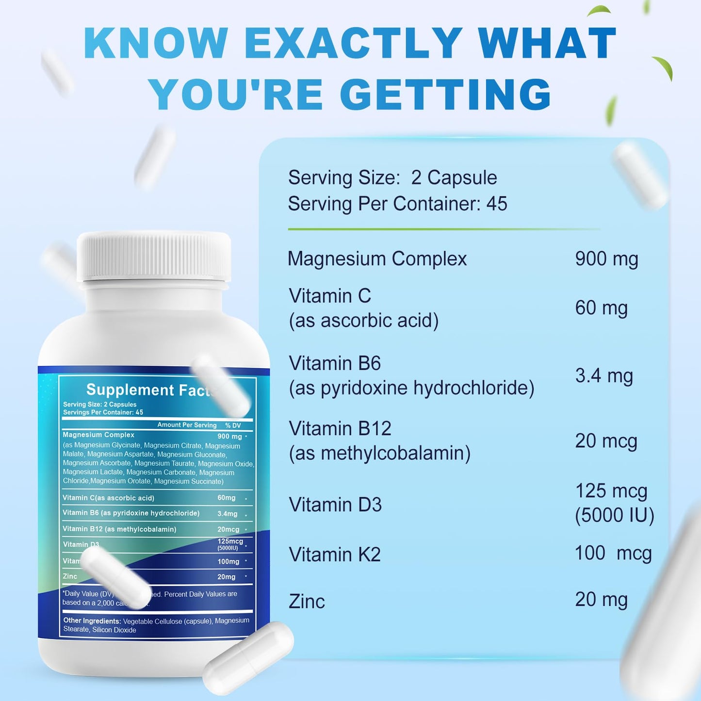Vyxion Magnesium Glycinate Complex 900mg Elemental Magnesium with Vitamin D3, K2, Zinc & B Vitamins, 90 Capsules