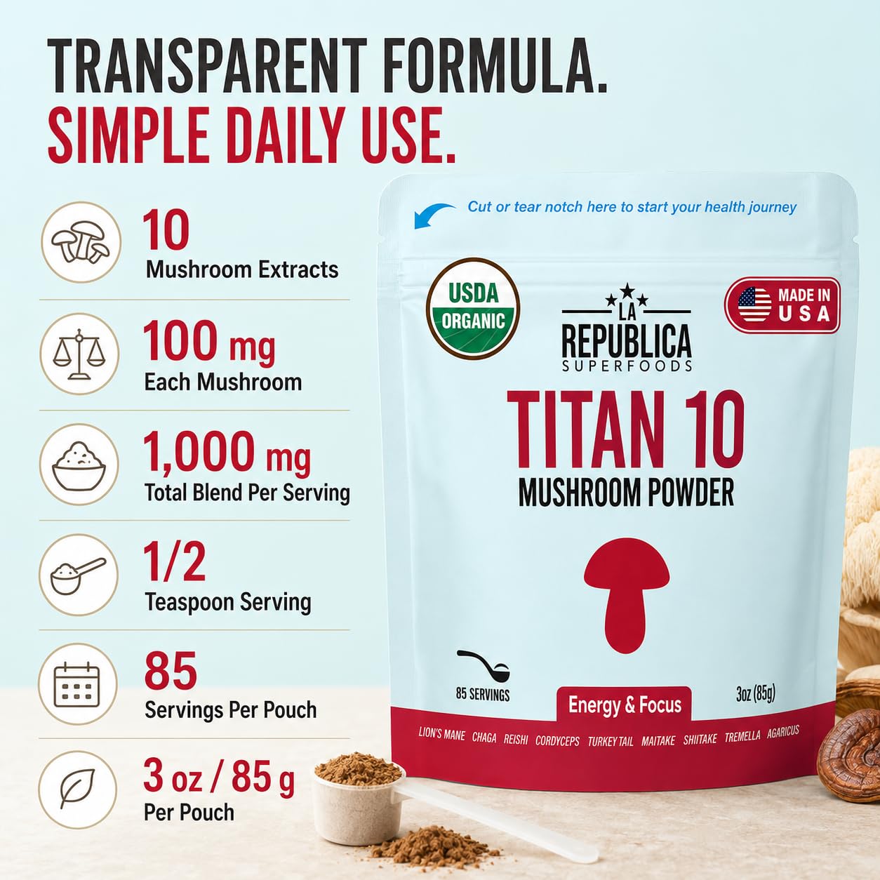 LRLA SUPERFOODS La Republica Titan10 Organic Mushroom Powder, 3 oz