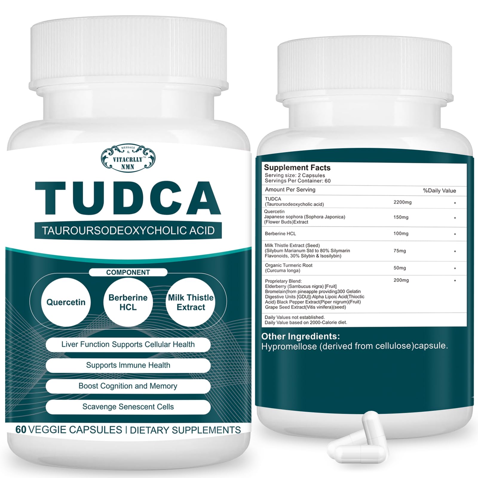 VITACRLLYNMN 2200MG TUDCA Supplements - Bile Salts Supplement Complex for Liver Detox & Cleanse, Gallbladder Cleanse, Digestive Health Capsules 60 Count