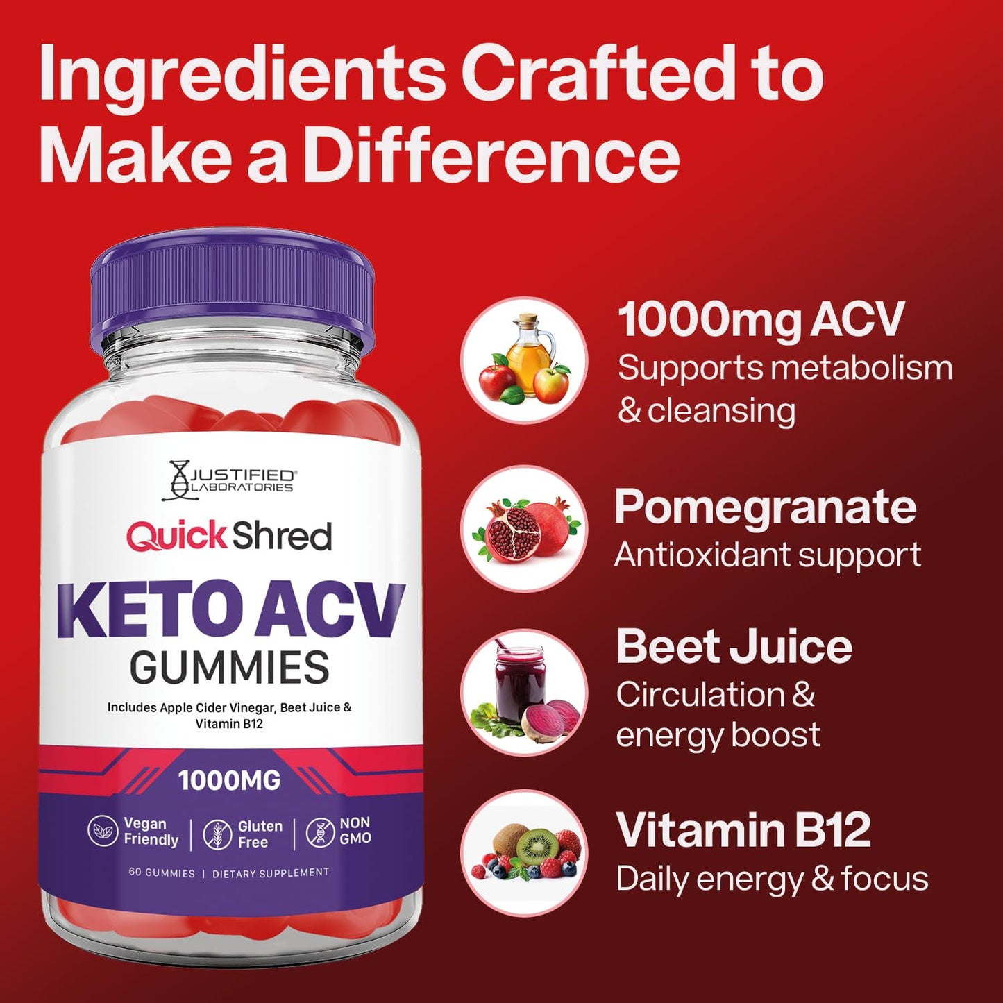 Justified Laboratories Quick Shred Keto ACV Gummies Advanced Formula 1000MG Apple Cider Vinegar Gummies with Pomegranate Beet Juice Powder & B12 Vegan, Non-GMO 60 Gummies