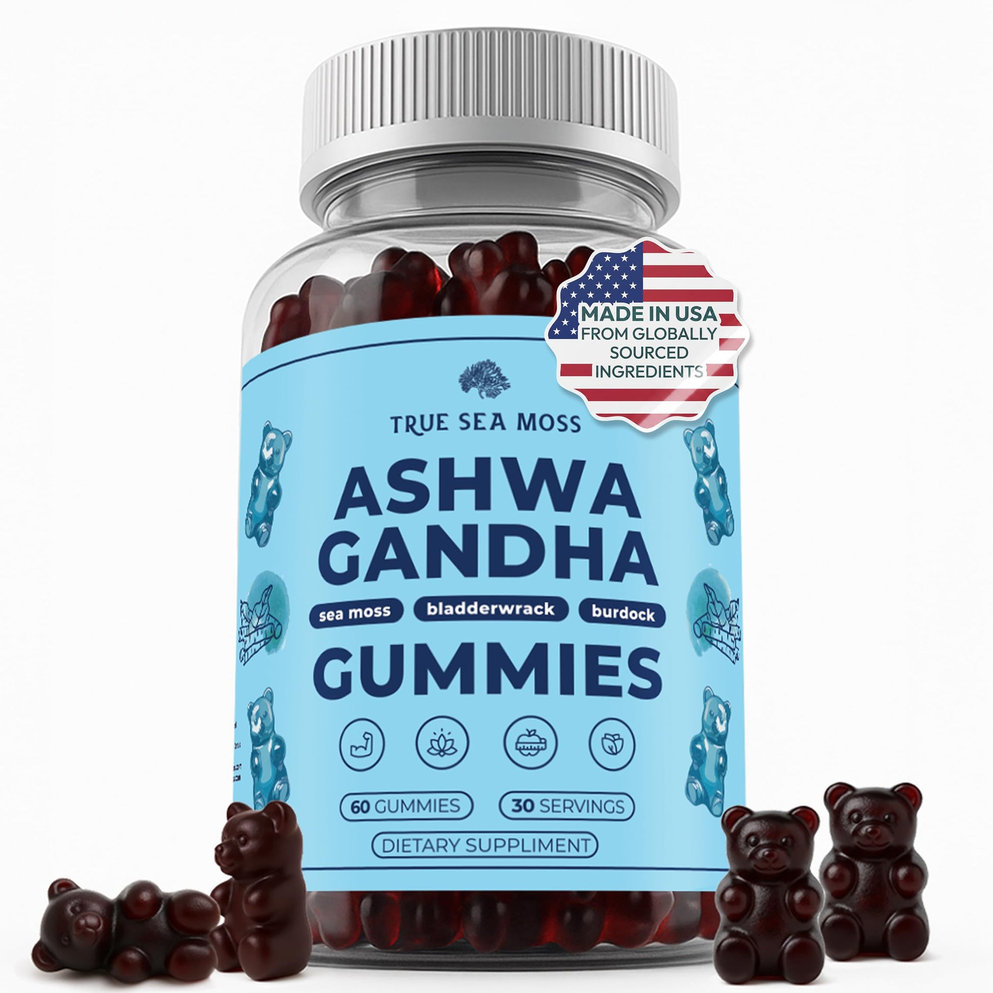 TrueSeaMoss Sea Moss Gummies with Ashwagandha, Burdock Root & Bladderwrack – Fruity Flavor, 60 Gummies