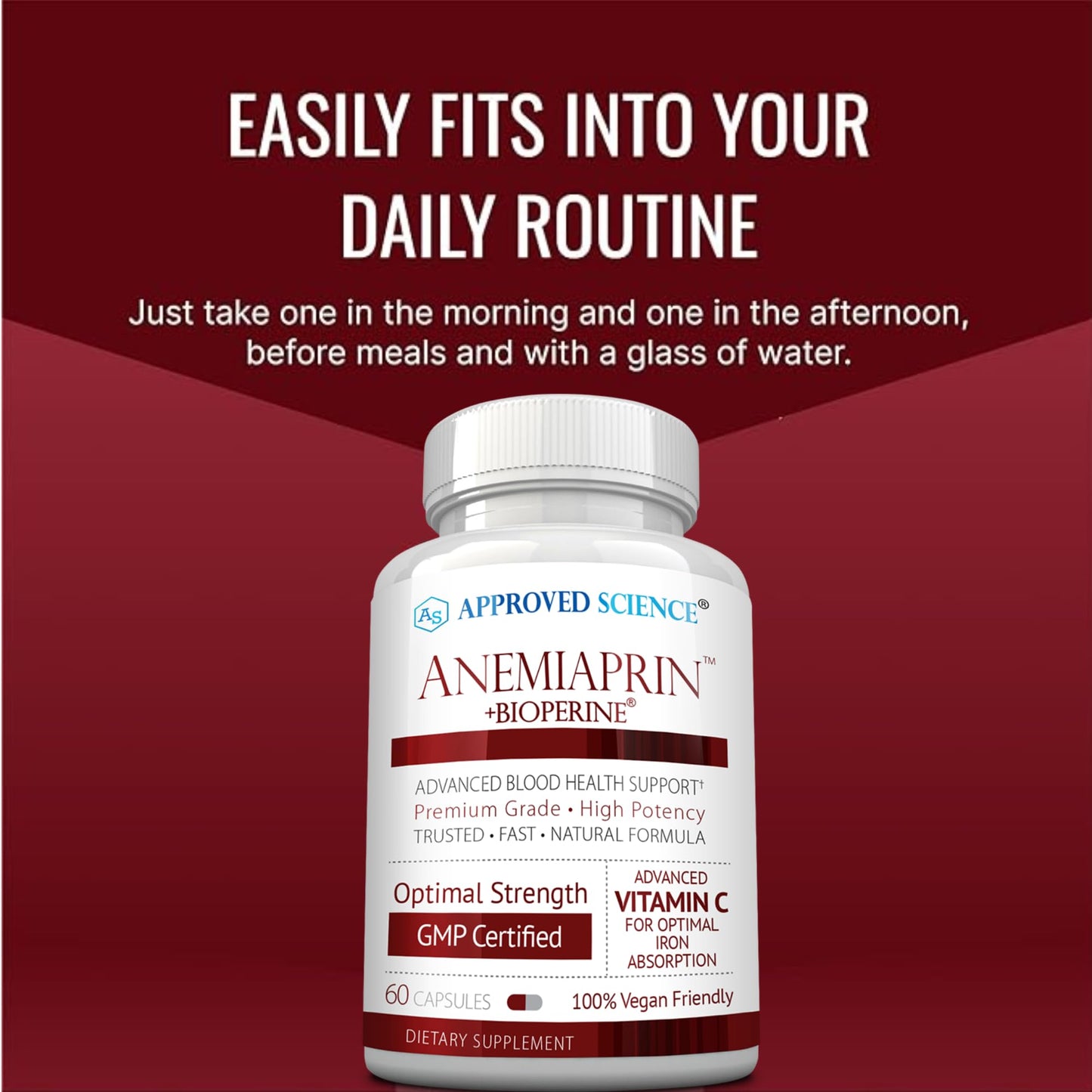 Approved Science Anemiaprin Iron Bisglycinate with Vitamin C Capsule, Gentle on Stomach, Blood Support with Folate and B12, 120 Capsules