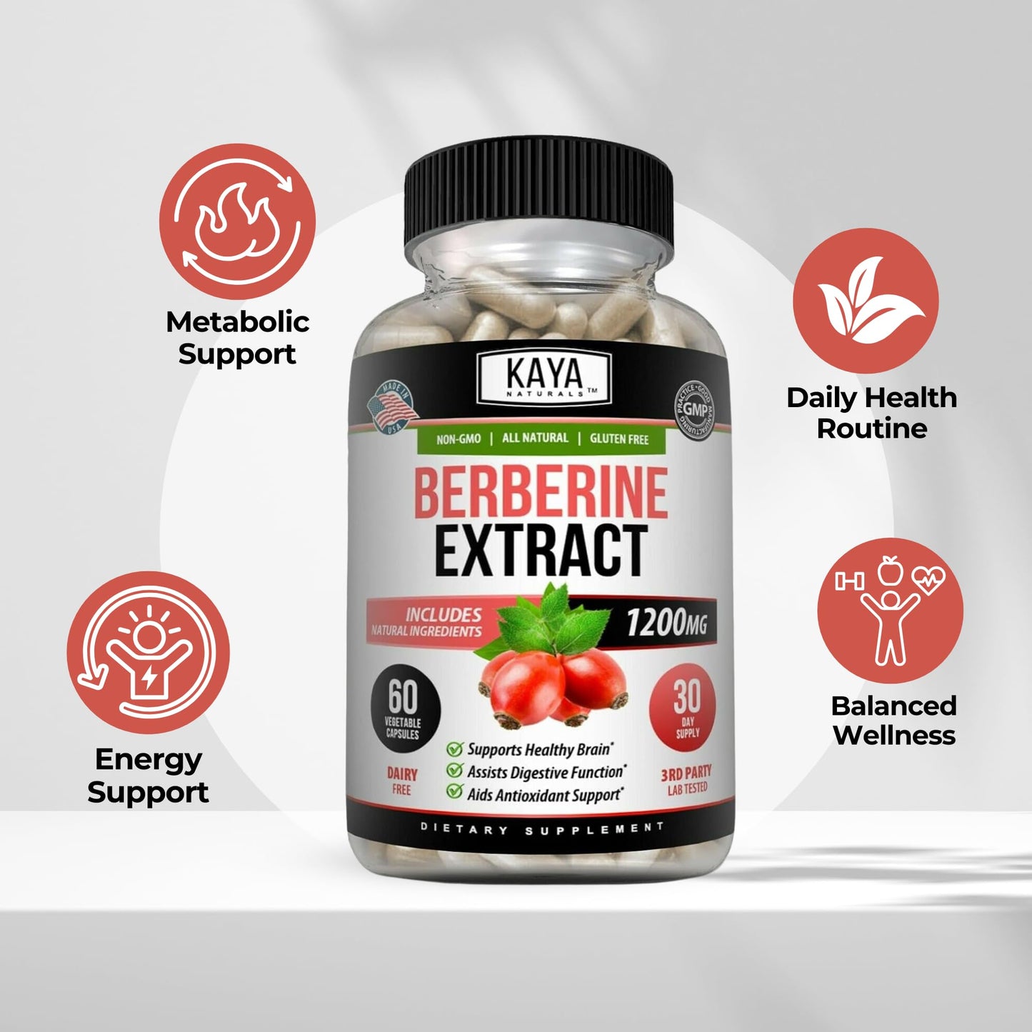 Kaya Naturals Berberine HCL Extract 1200mg Capsule, 60 Count