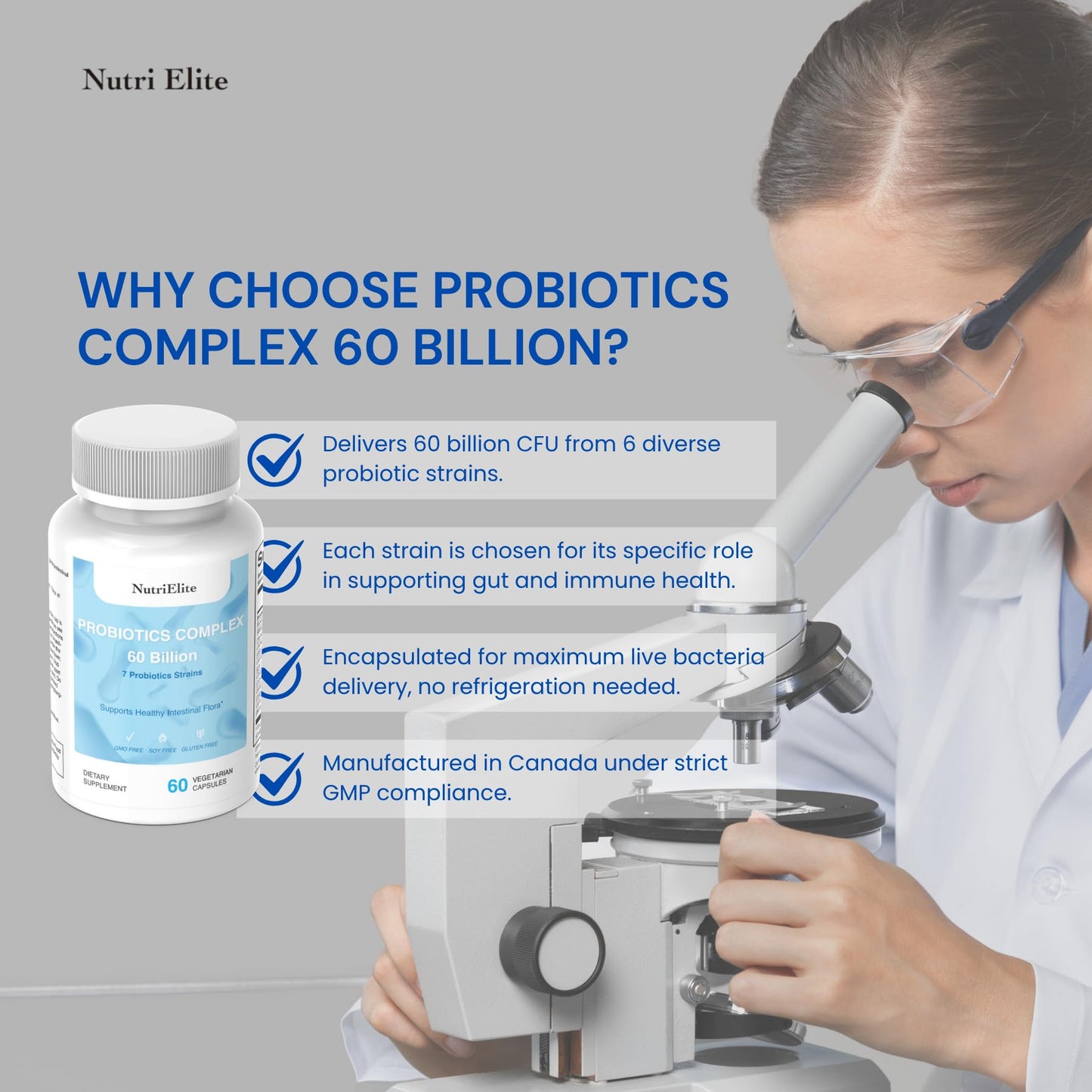 NUTRI ELITE 60 Billion CFU Probiotics Complex with 7 Strains, Capsules, 60 Count