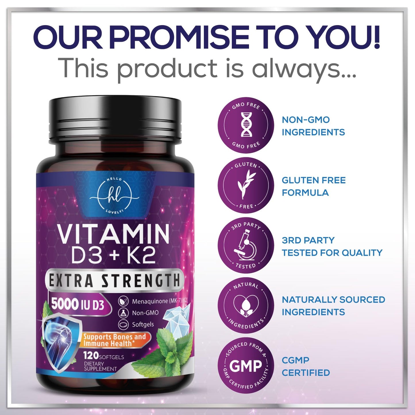 Hello Lovely Vitamin D with K2 (MK-7) Vitamin D3 5000IU (125mcg) Per Serving Softgels 120 Count
