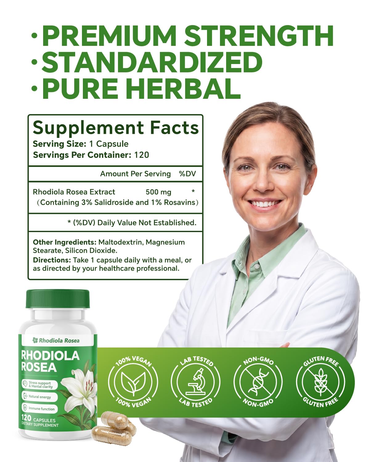 Blavenique Rhodiola Rosea Supplement 500mg Capsules, 120 Count