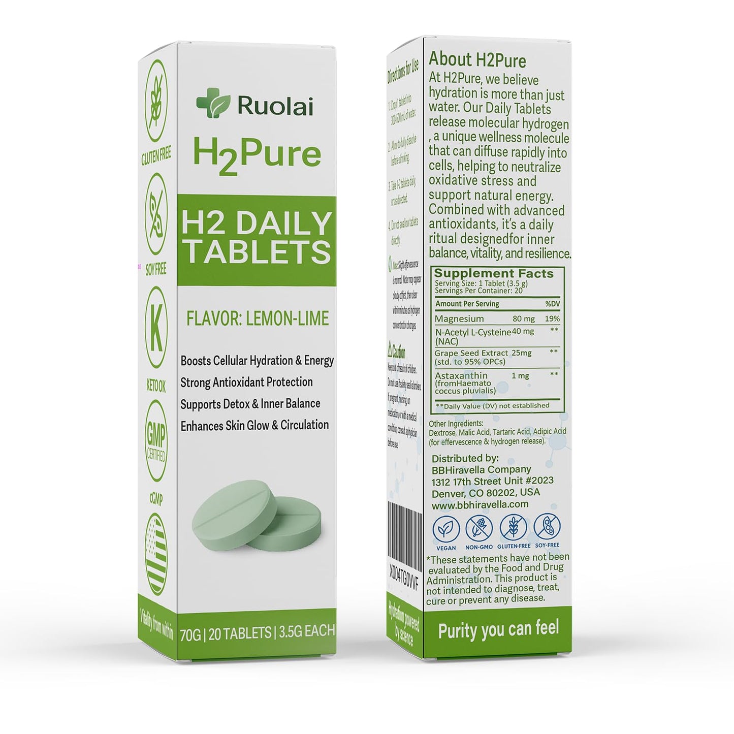 Ruolai H2pure Hydrogen Tablets, 20 Tablets