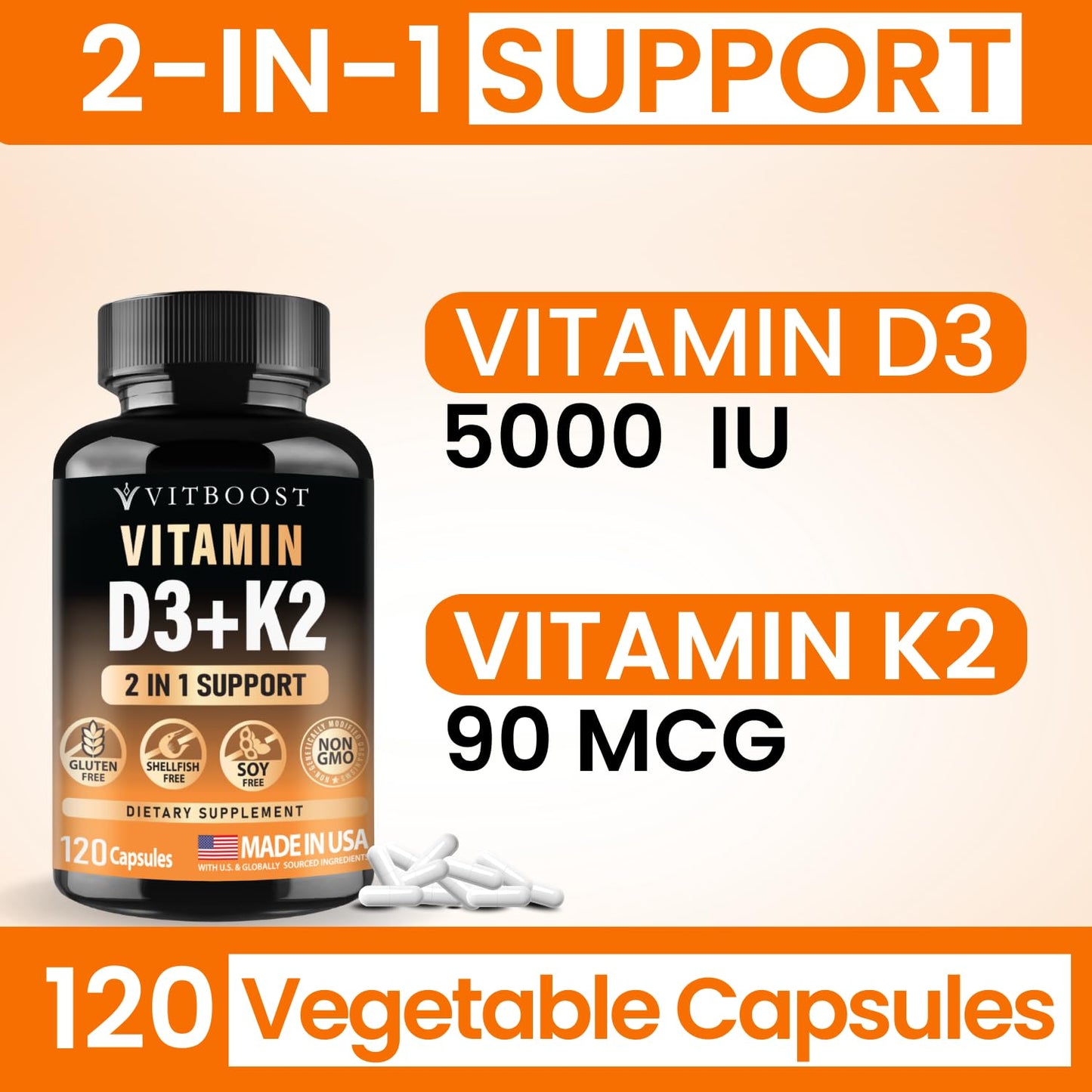VITBOOST Vitamin D3 K2 Complex Capsules 120 Count