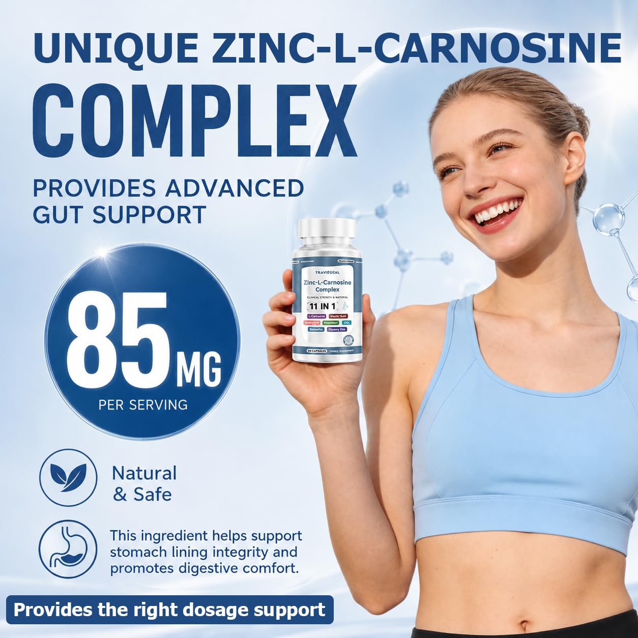 Trawecual Zinc L-Carnosine Complex 85mg 11-in-1 Digestive & Gut Health Support Supplement with L-Glutamine & Mastic Gum, Non-GMO, Vegan Capsules, 100 Count