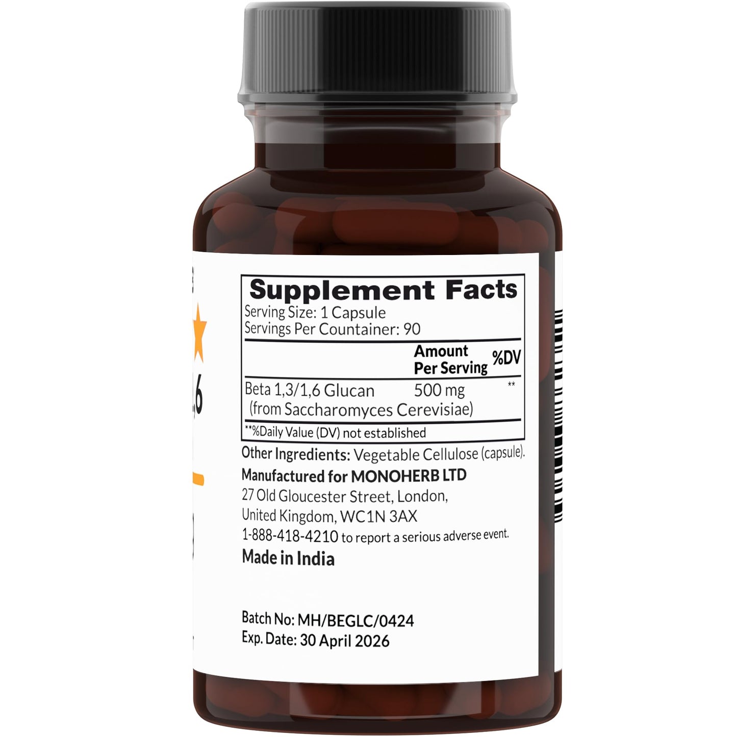 MONOHERB Beta 1,3/1,6 Glucan 500 mg per Capsule, 90 Capsules