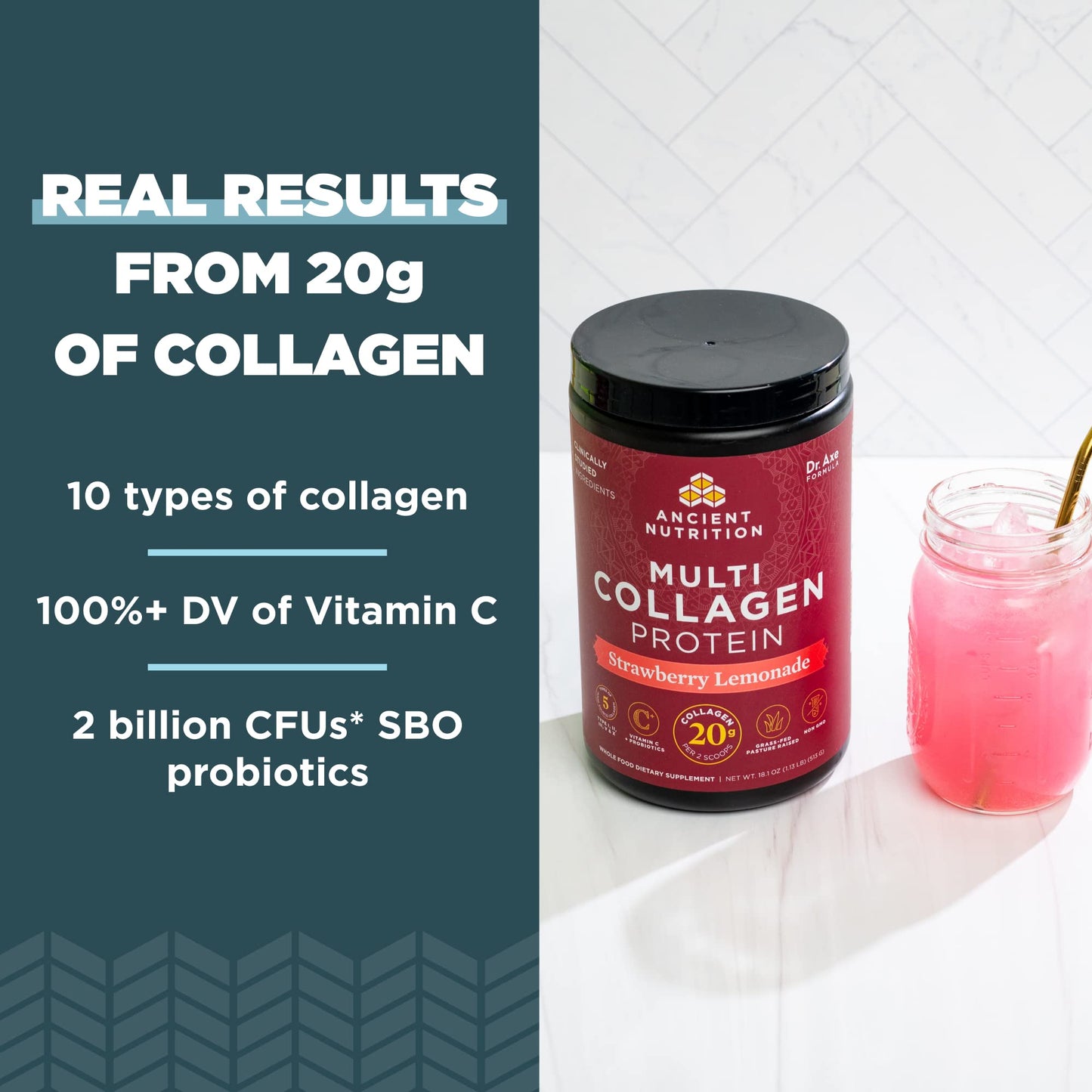 Ancient Nutrition Collagen Peptides Powder, Multi Collagen Protein, Strawberry Lemonade, 24 Servings